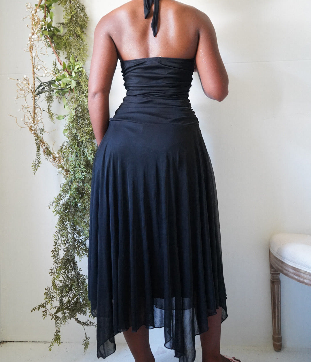 Y2K Rhinestone Trimmed Black Halter Fairy Dress