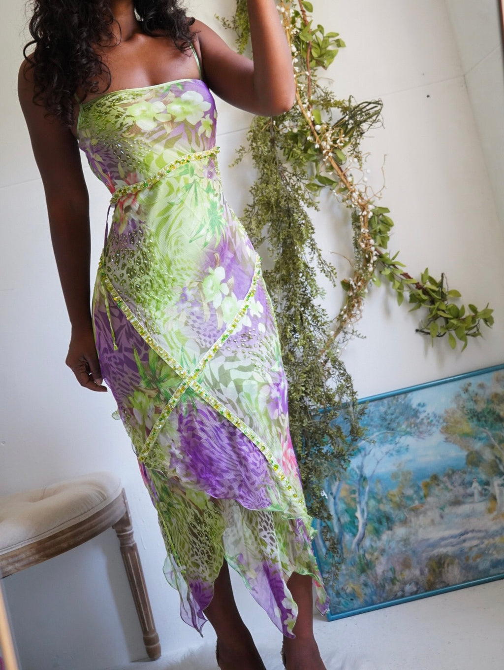 Rare Vintage Y2K Silk Beaded Animal and Floral Print Fairy Dress