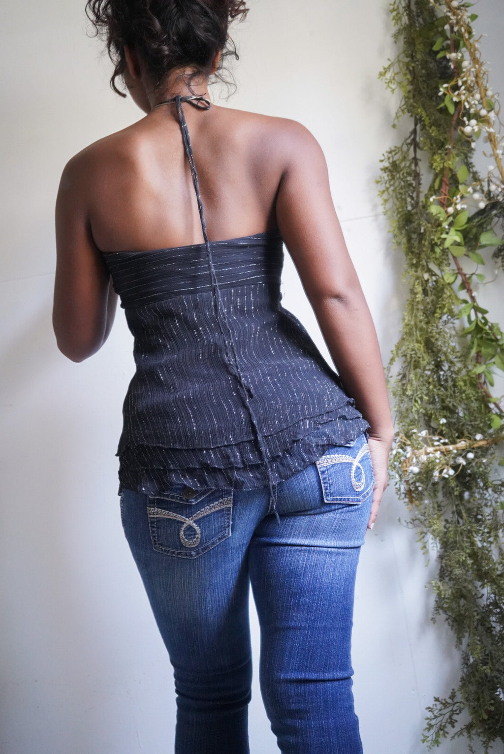 Y2K Black Silk Halter Strapless Top