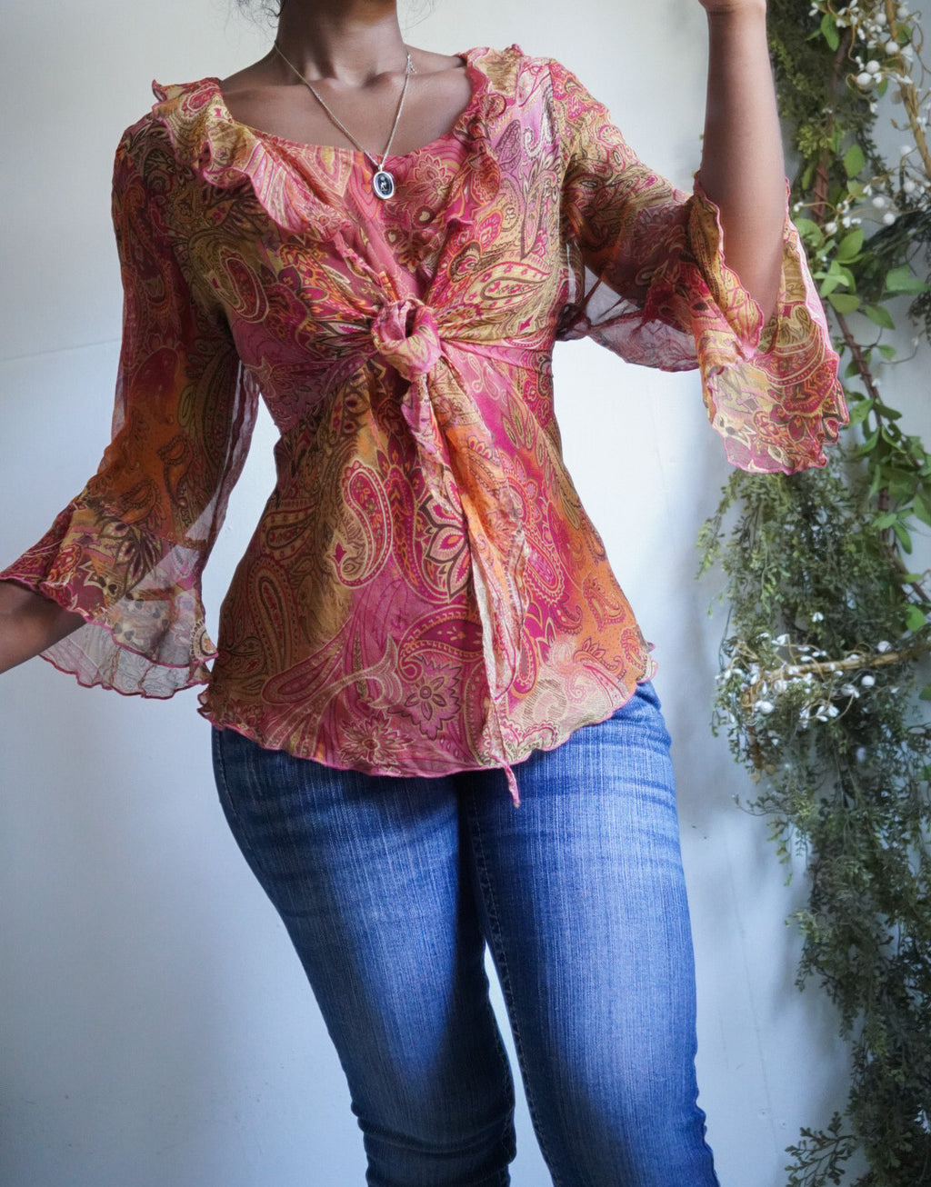 Y2K Paisley Boho Silk Top with Attached Shrug