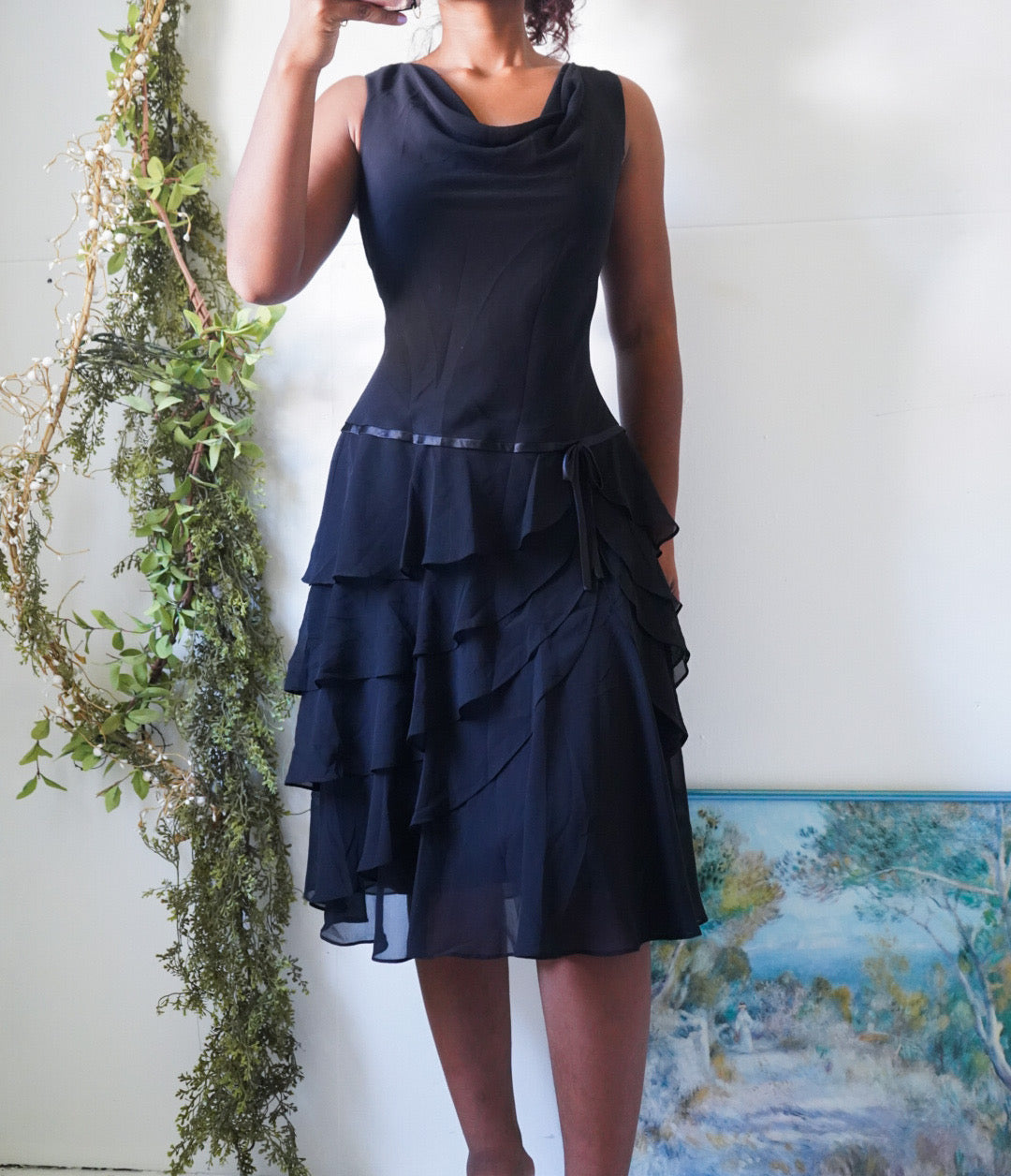 Y2K Ruffle Hem Drop Waist Black Dress