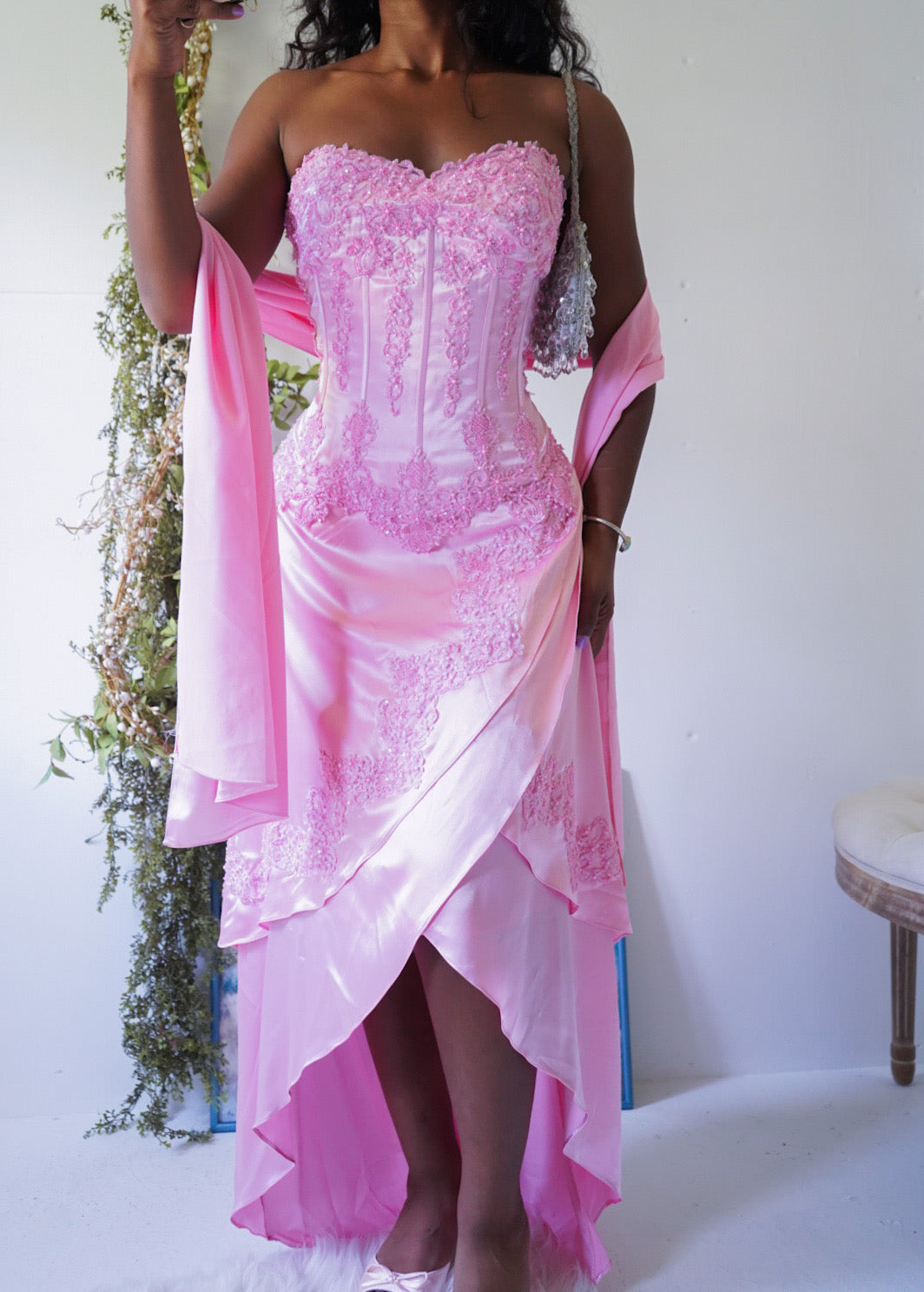 Y2K Pink Satin Beaded Corset Gown