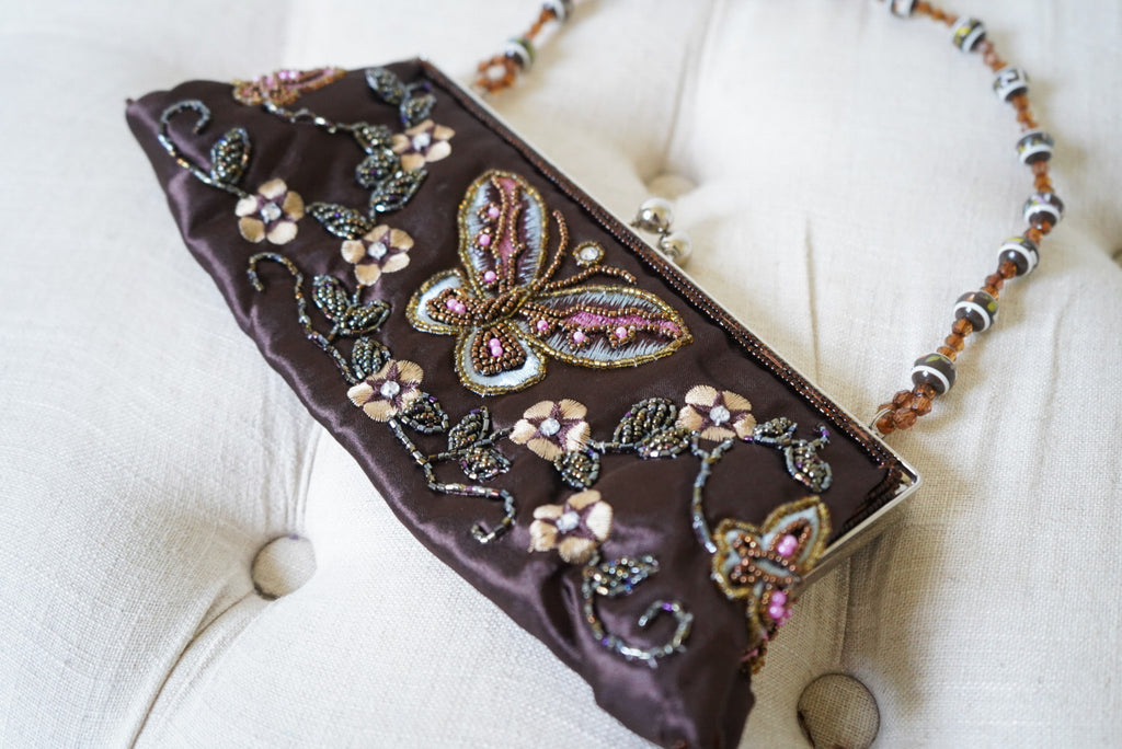Rare Y2K Chocolate Satin Beaded Butterfly Purse