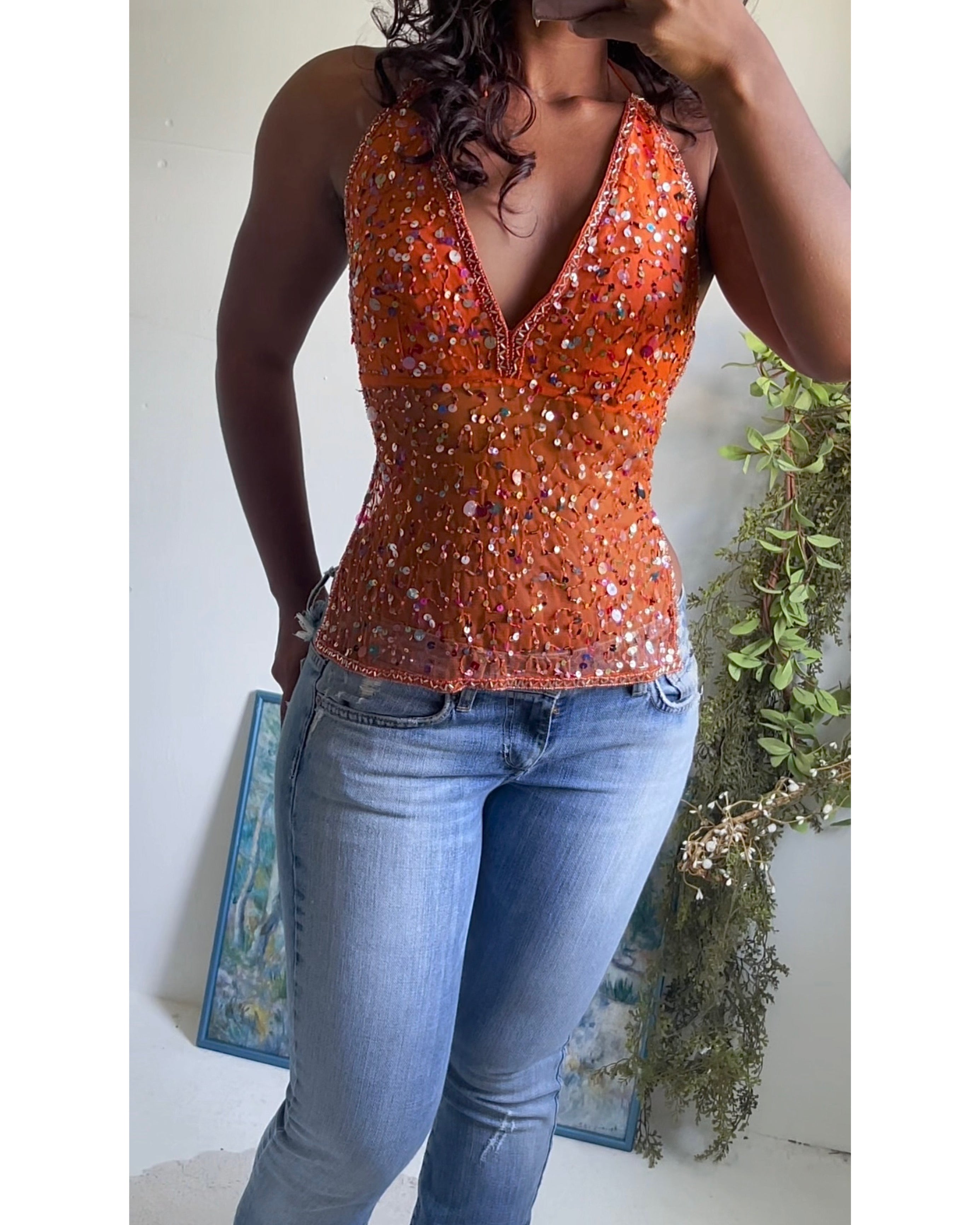 Orange Beaded Y2K Tie Back Top