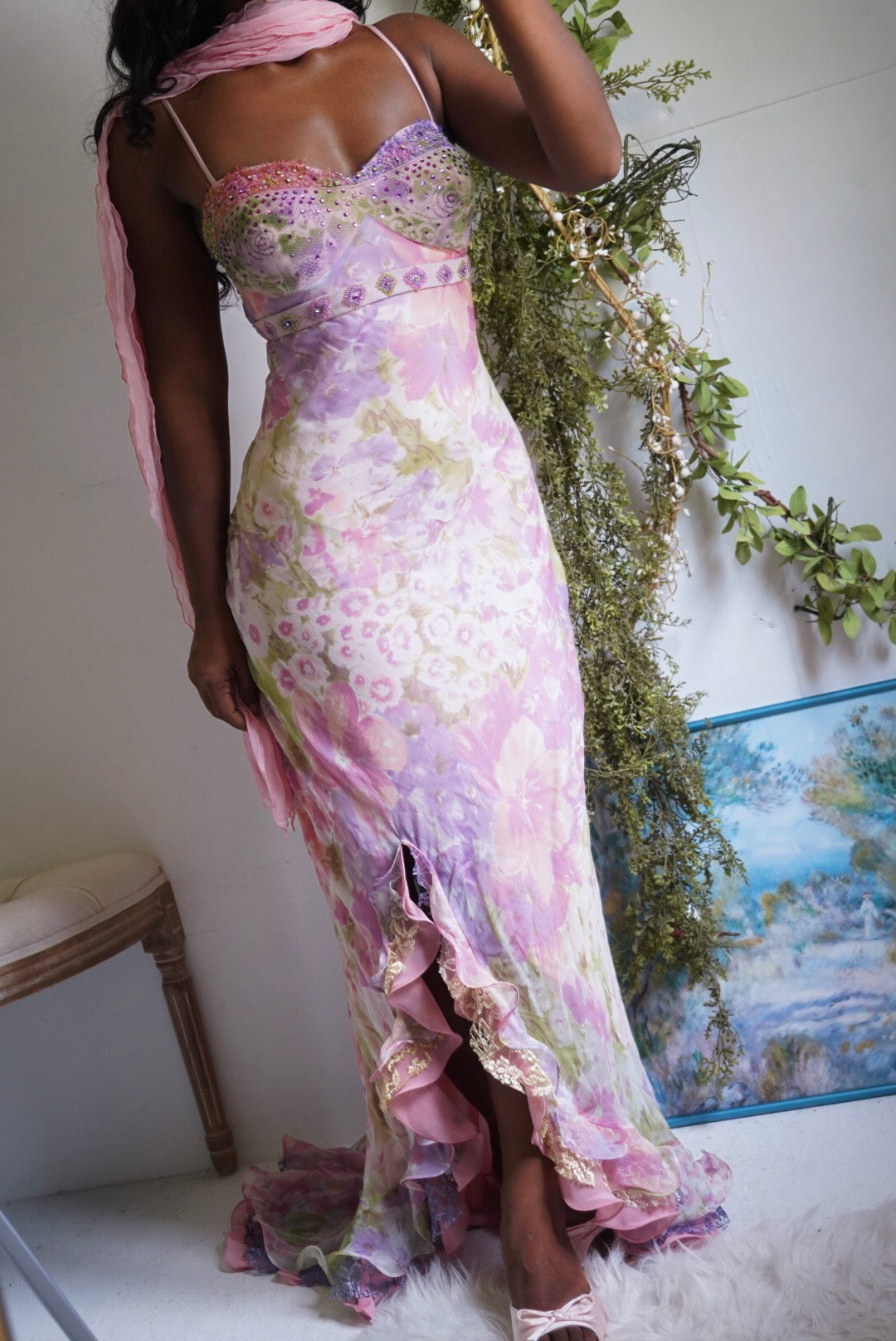 Rare Vintage Y2K Pastel Watercolor Silk Gown