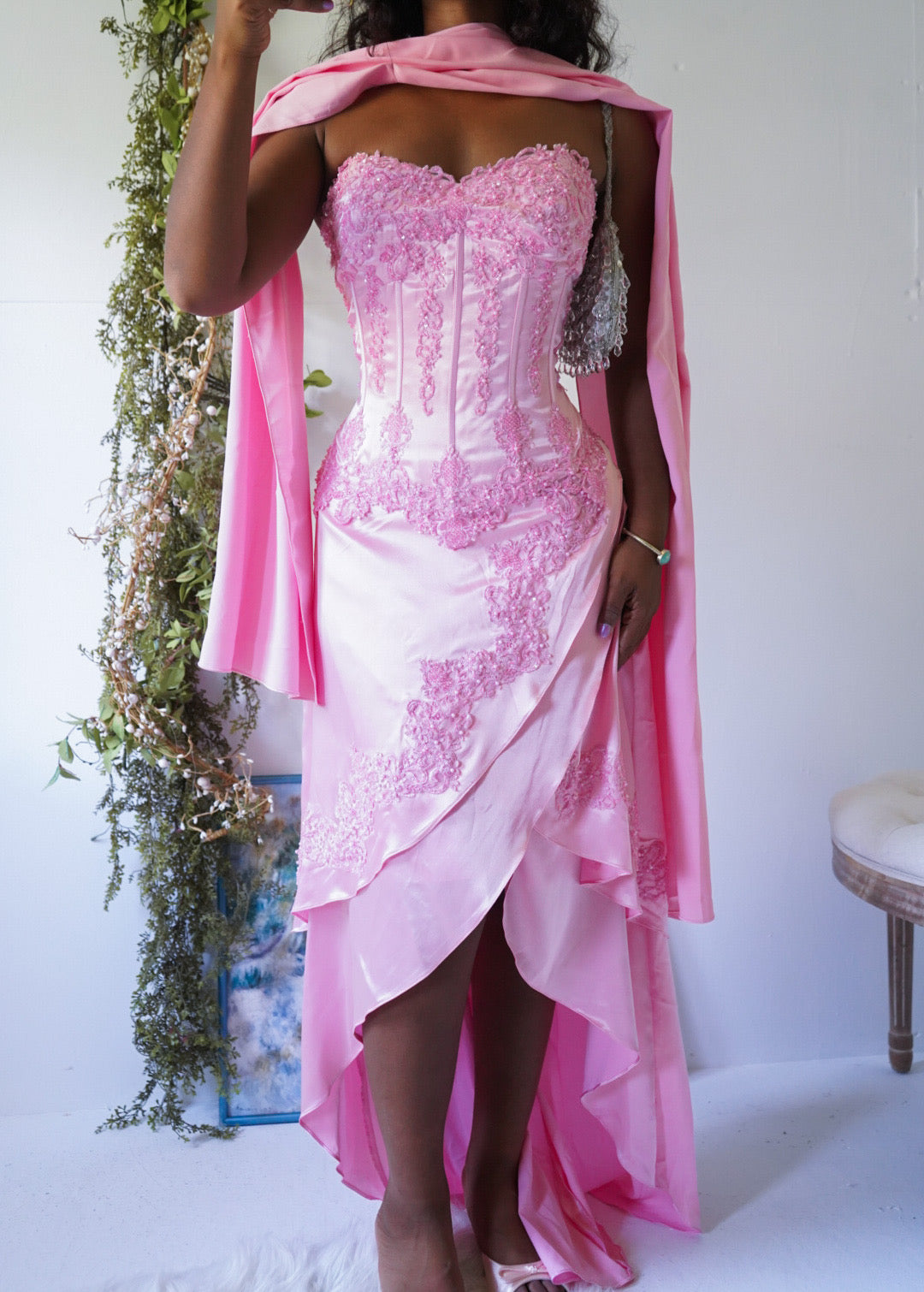 Y2K Pink Satin Beaded Corset Gown
