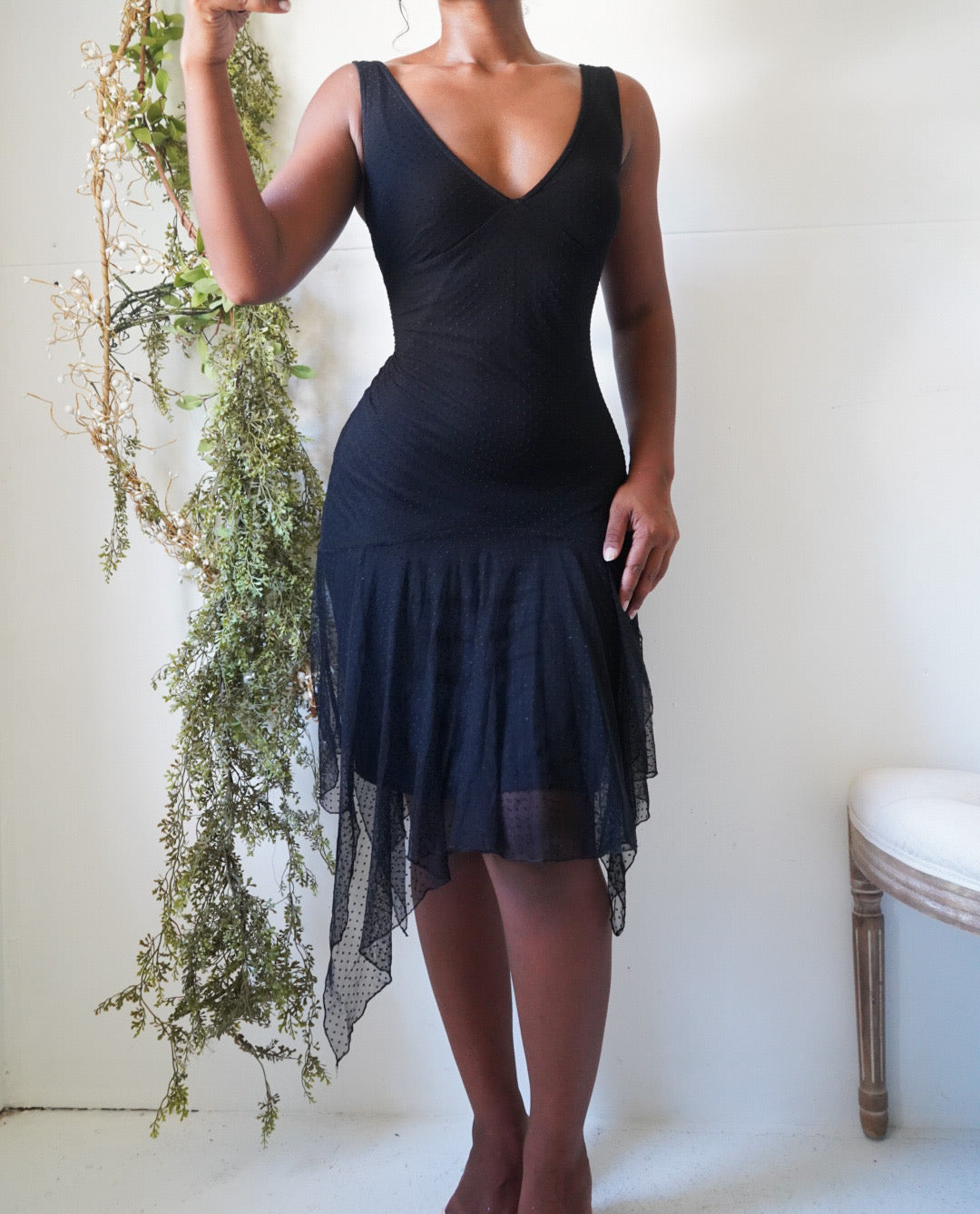 Y2K Black Swiss Dot Lace Fairy Hem Dress