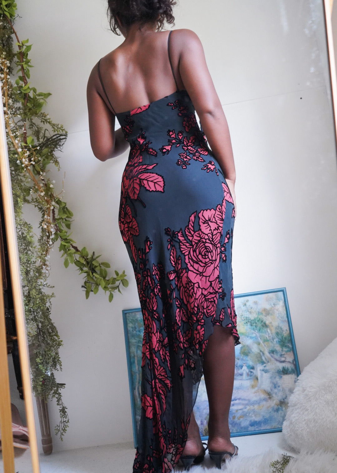 Rare Y2K Burnout Rose Silk Midi Dress
