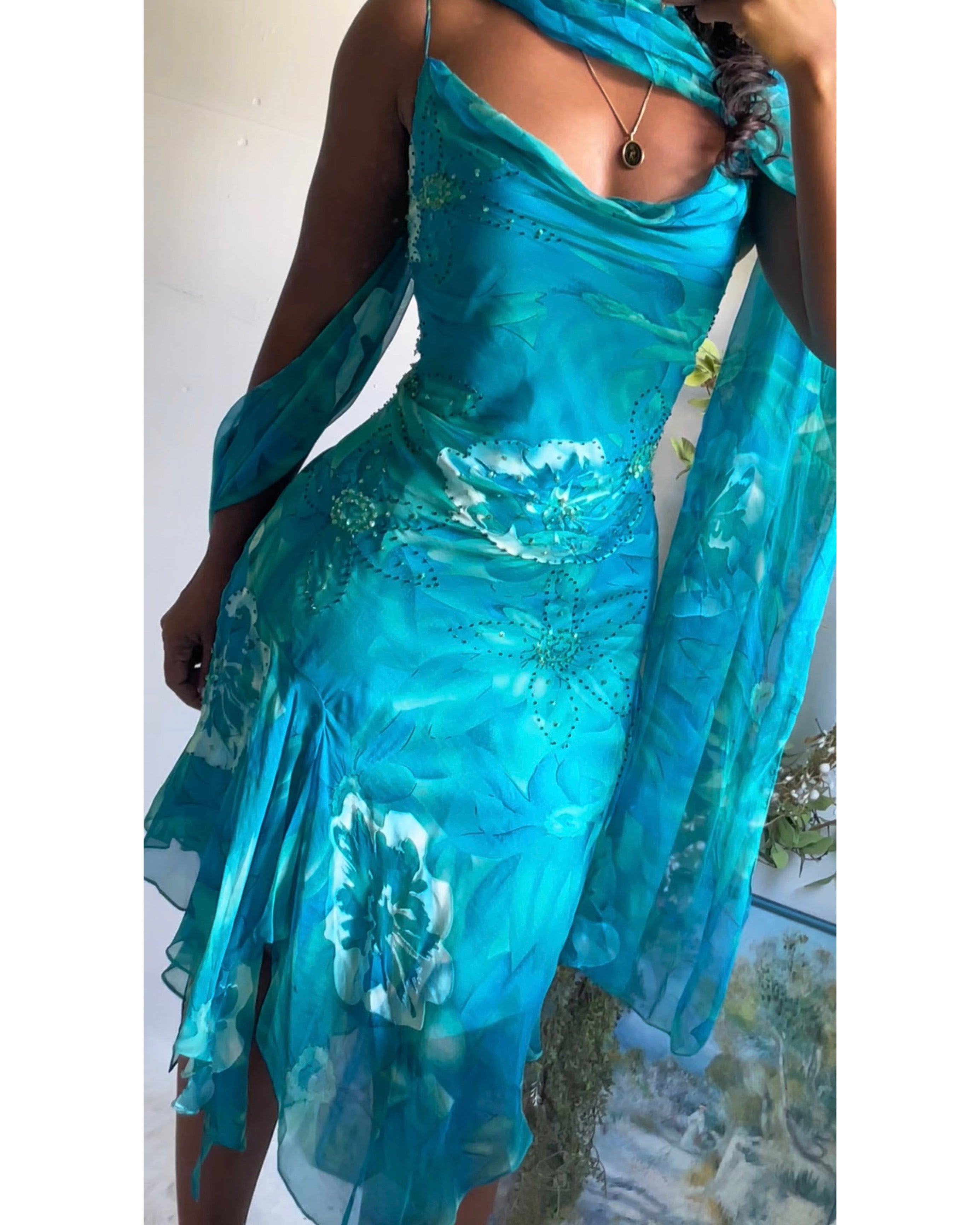 Vintage Y2K Teal Burnout Silk Dress with Scarf