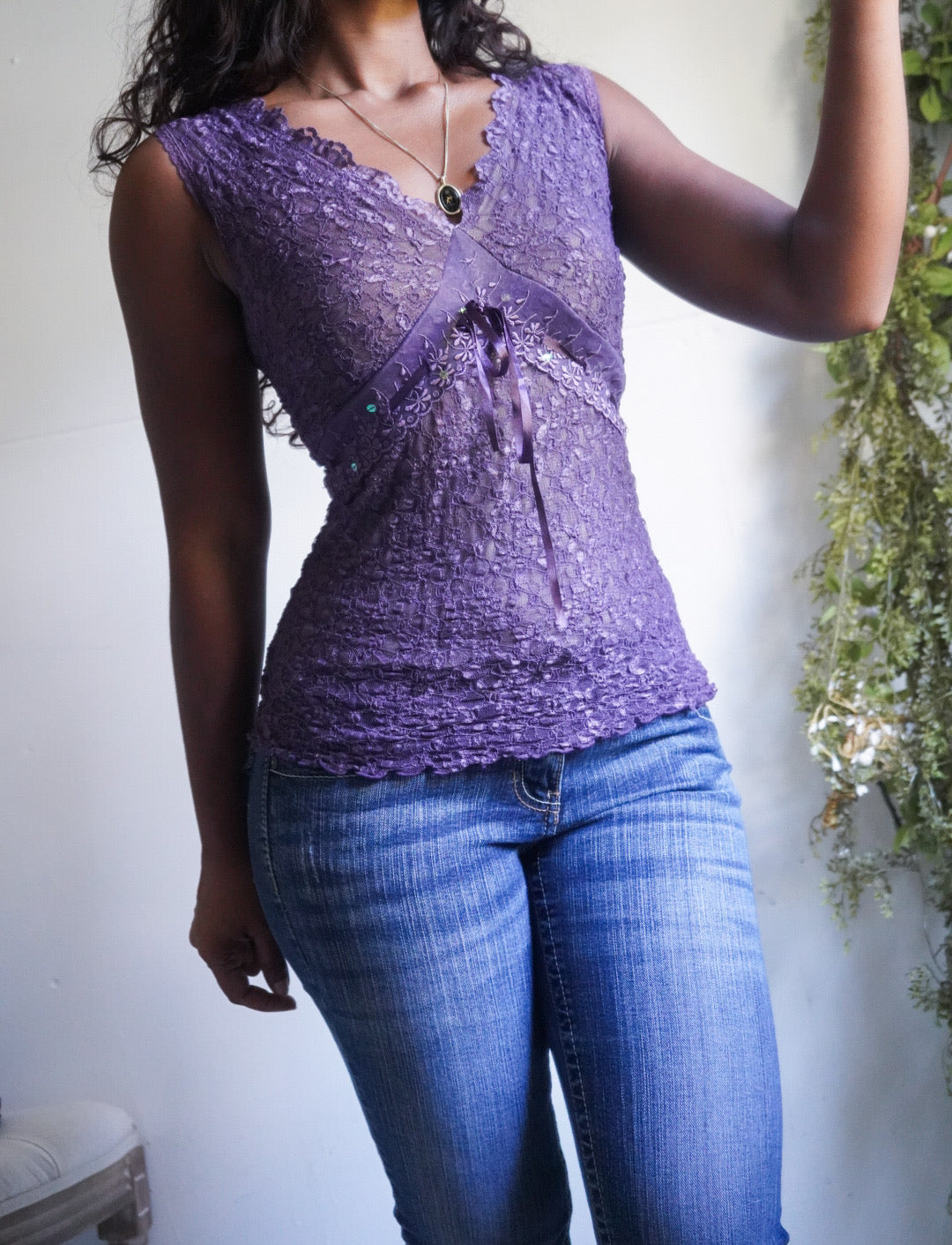 Y2K Purple Lace Sequin Trim Tank