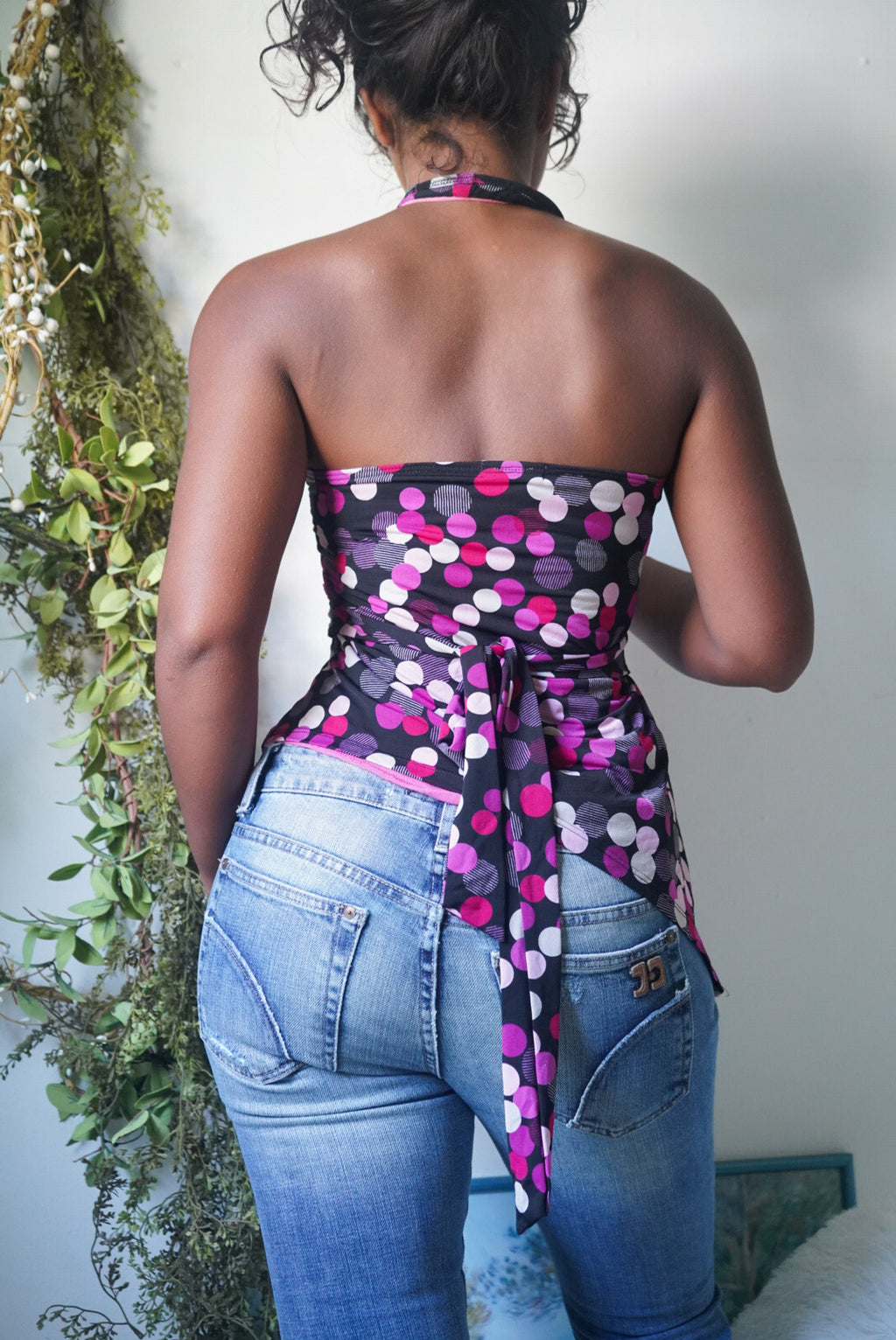 Y2K Polka Dot Halter Tie Back Top