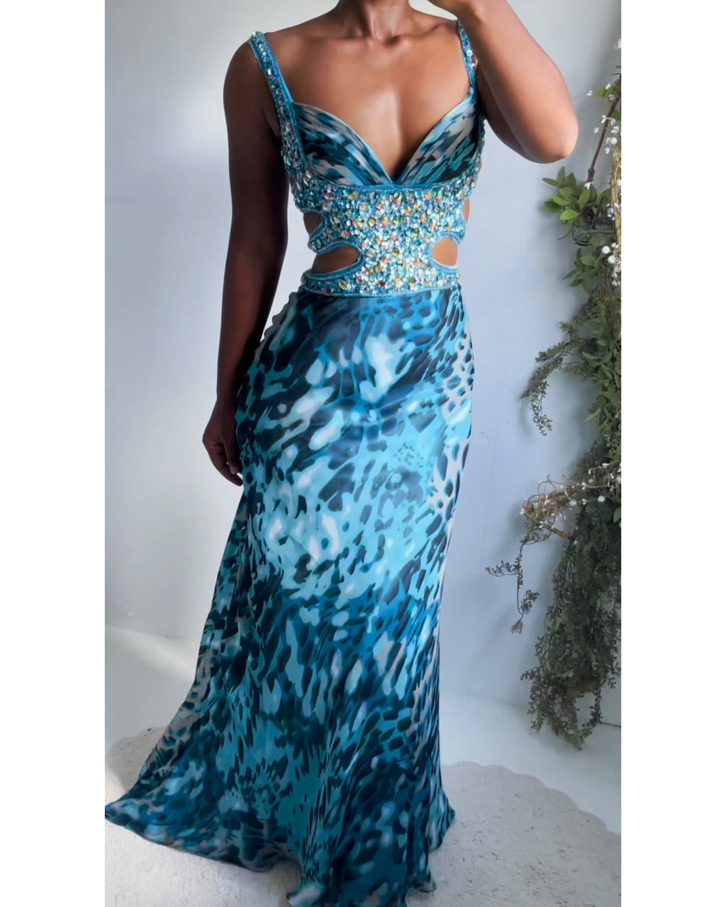 Abstract Animal Print Lace Up Back Gown