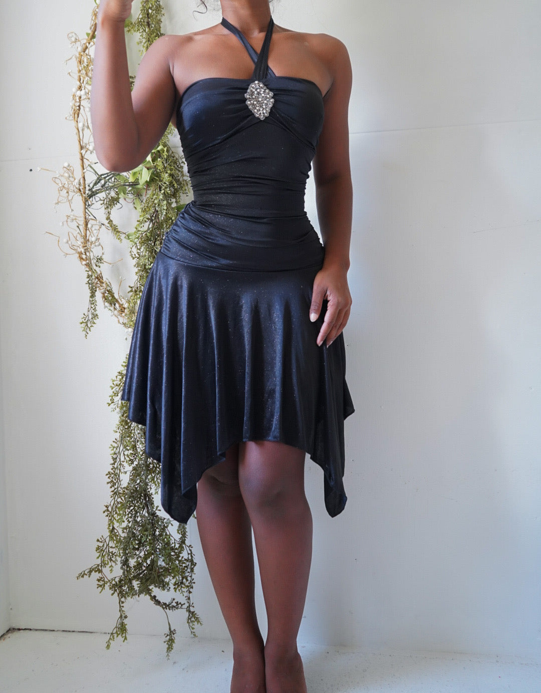 Y2K Black Sparkle Stretch Halter Mini Dress