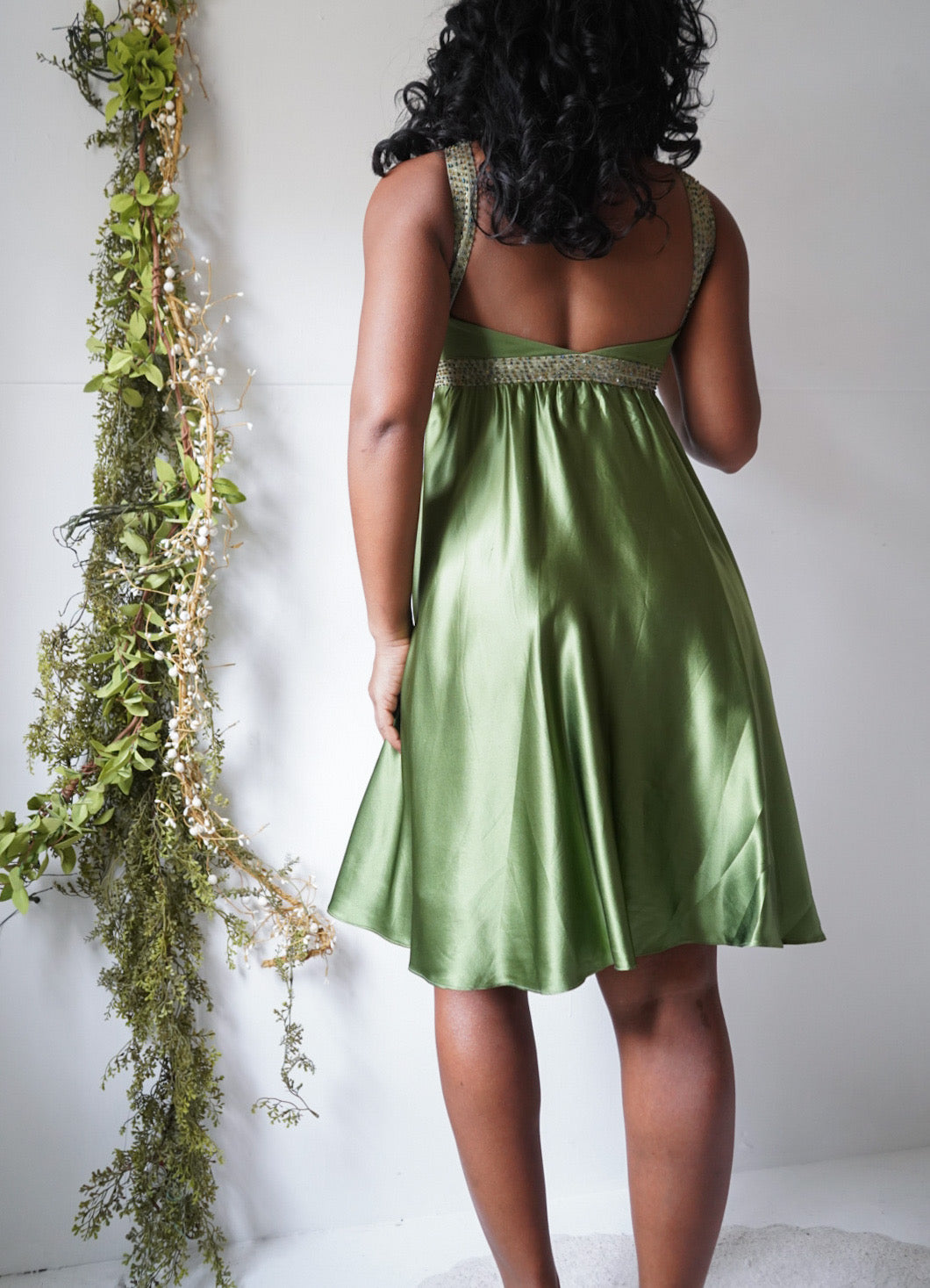 Y2K Sage Green Silk Babydoll Dress