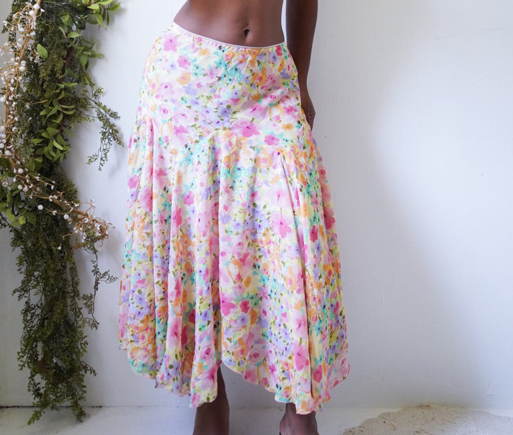 Y2K Spring Watercolor Floral Midi Skirt