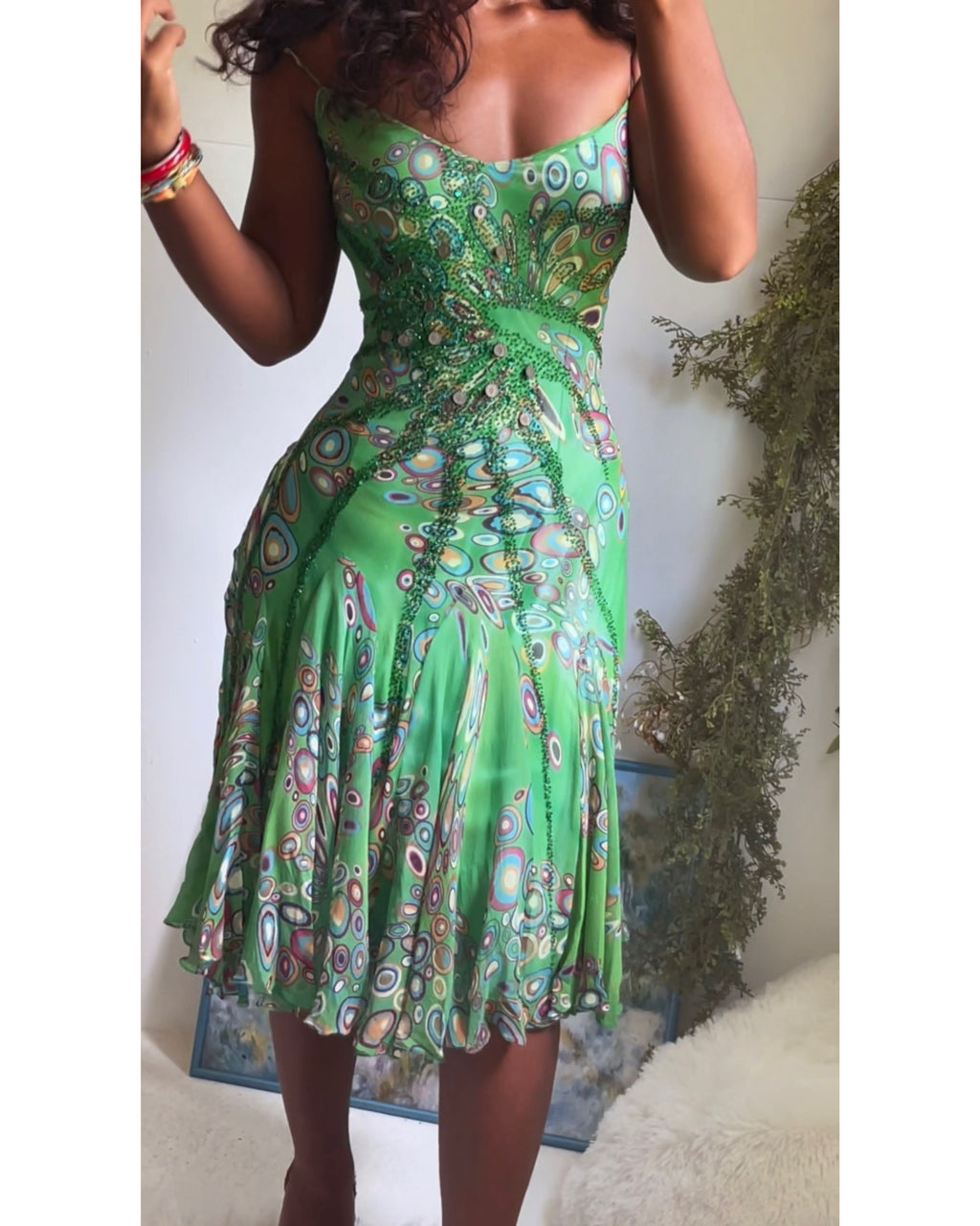 Rare Y2K Kelly Green Abstract Beaded Dress