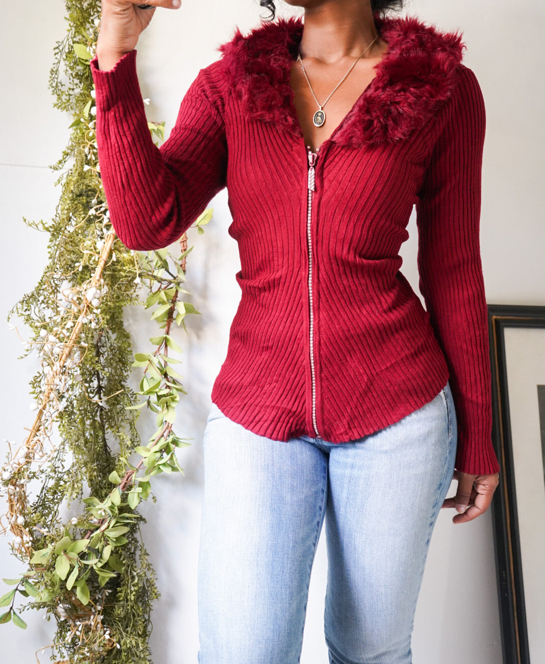 Red Faux Fur Collar Zip Up Cardigan