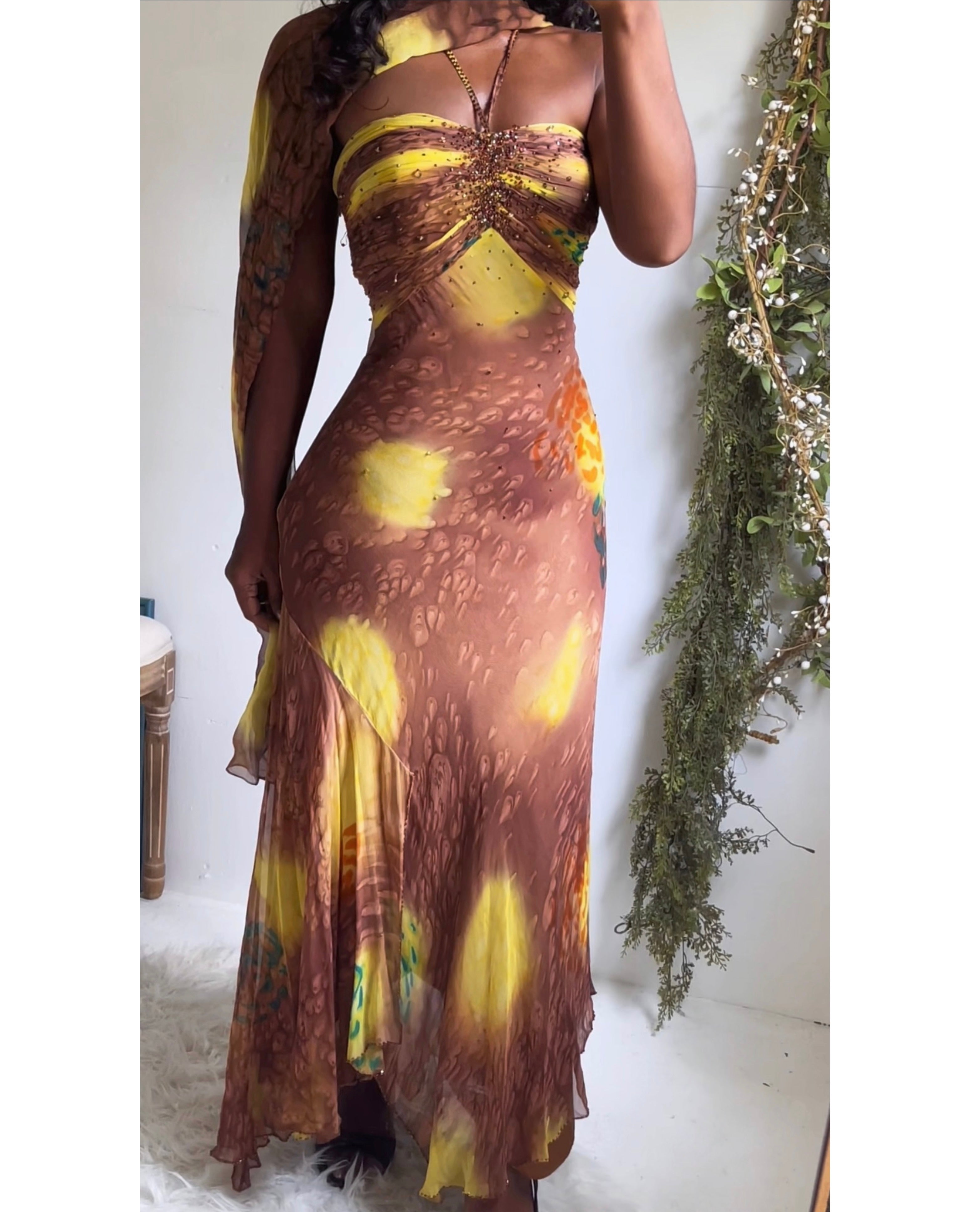 Rare Vintage Y2K Brown Abstract Silk Fairy Gown