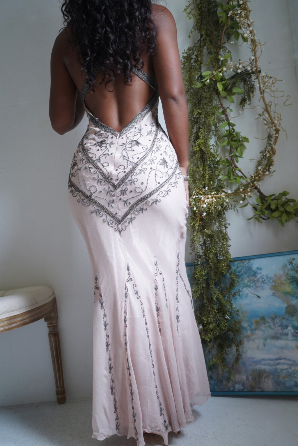 Y2K Blush Nude Beaded Silk Gown