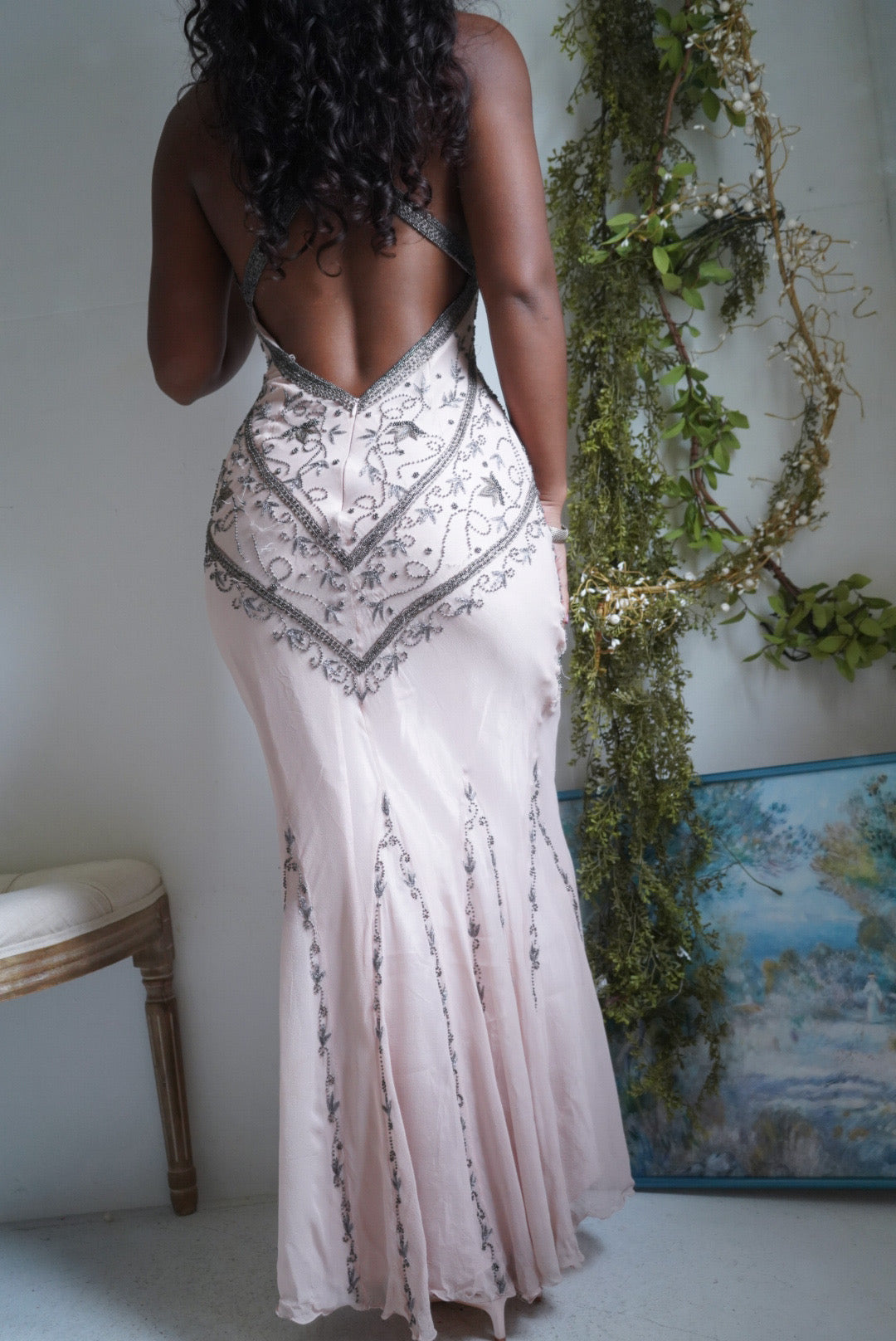 Y2K Blush Nude Beaded Silk Gown