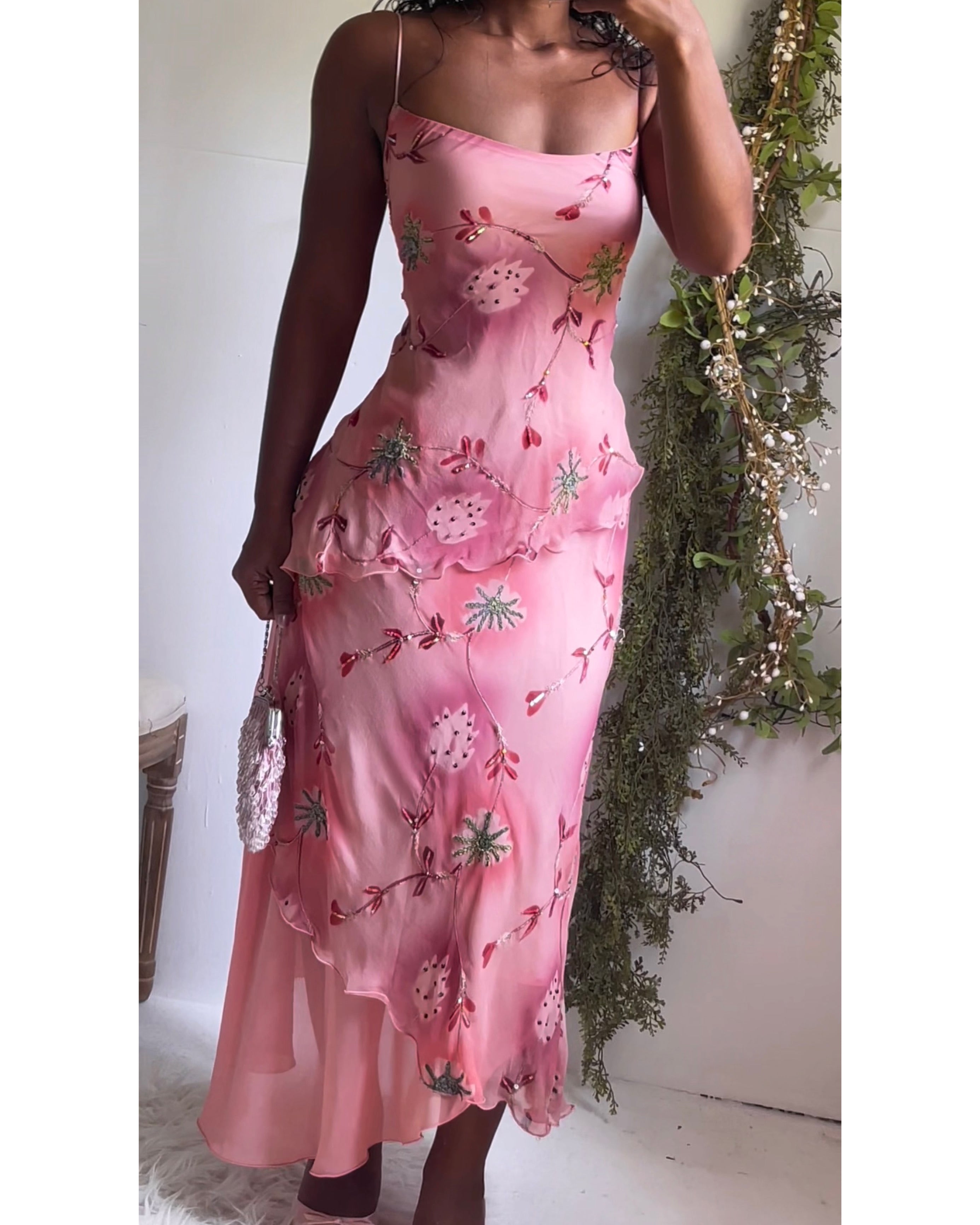 Y2K Peachy Pink Floral Fairy Silk Dress