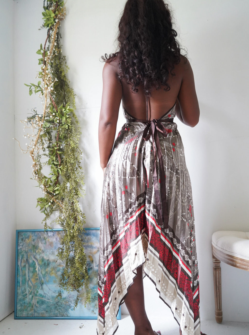 Rare Y2K Boho Halter Satin Pleat Scarf Dress