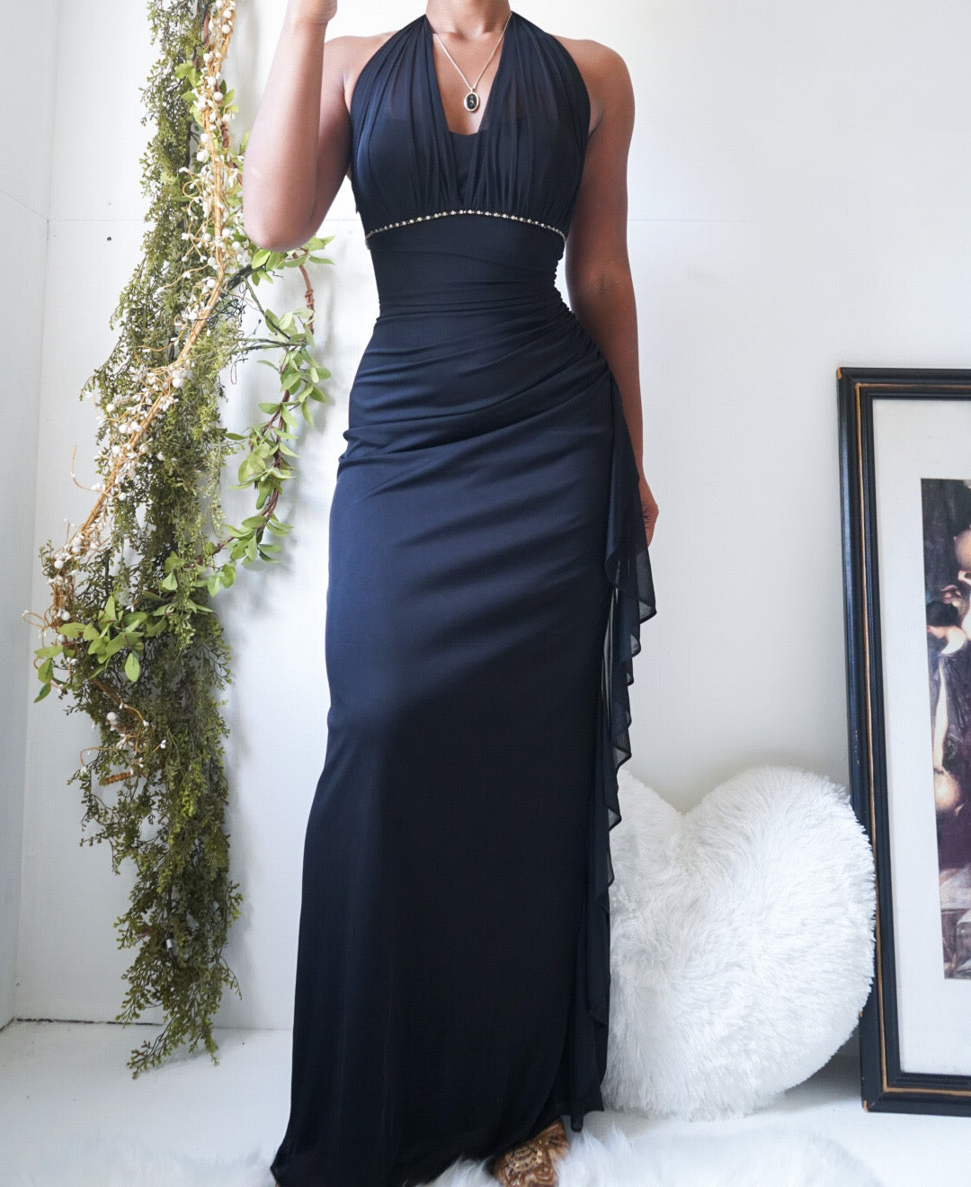 Vintage Black Halter Ruched Gown
