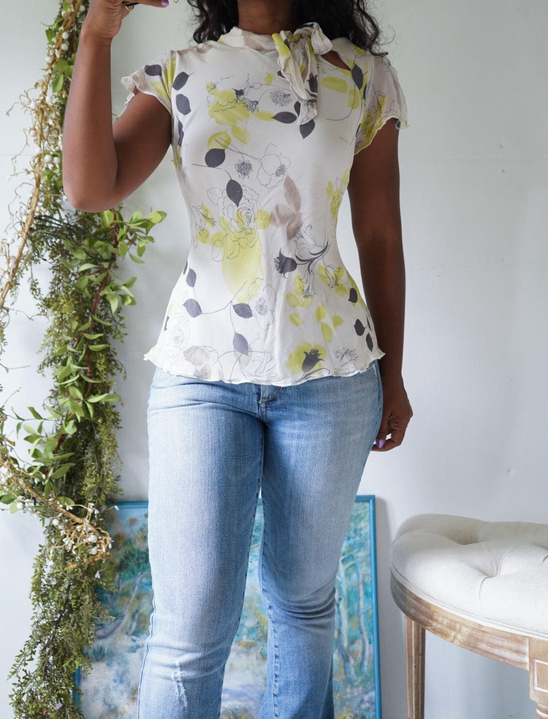 Y2K Silk Tie Neck Blouse