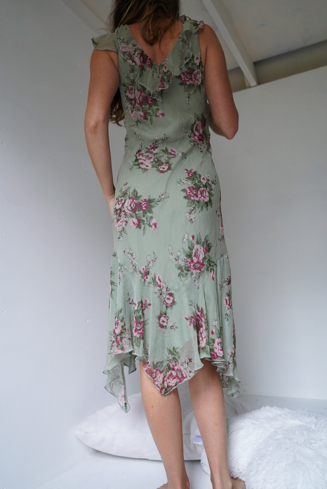 Sage Green Beaded Romantic Silk Floral Midi Dress