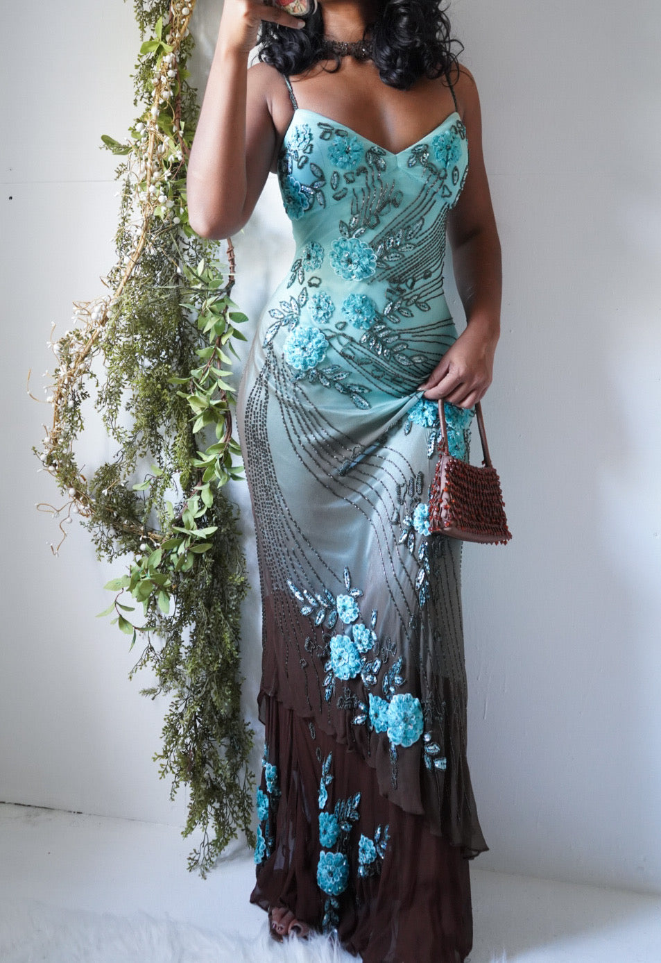 Rare Brown and Turquoise Ombre Beaded Silk Gown