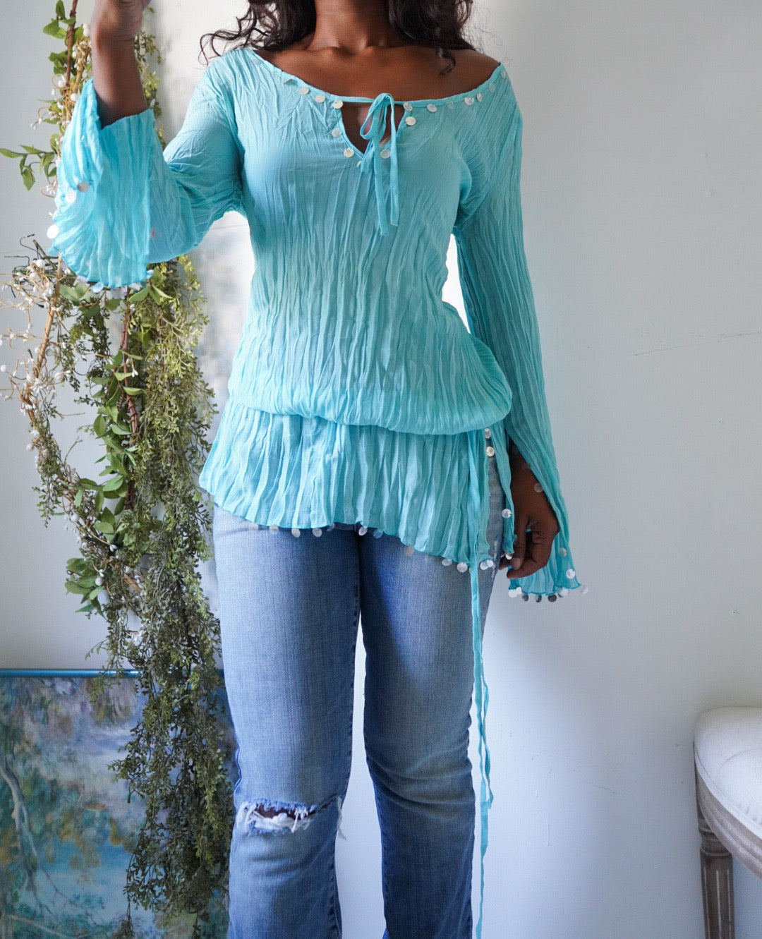 Y2K Turquoise Off The Shoulder Sequin Trim Top