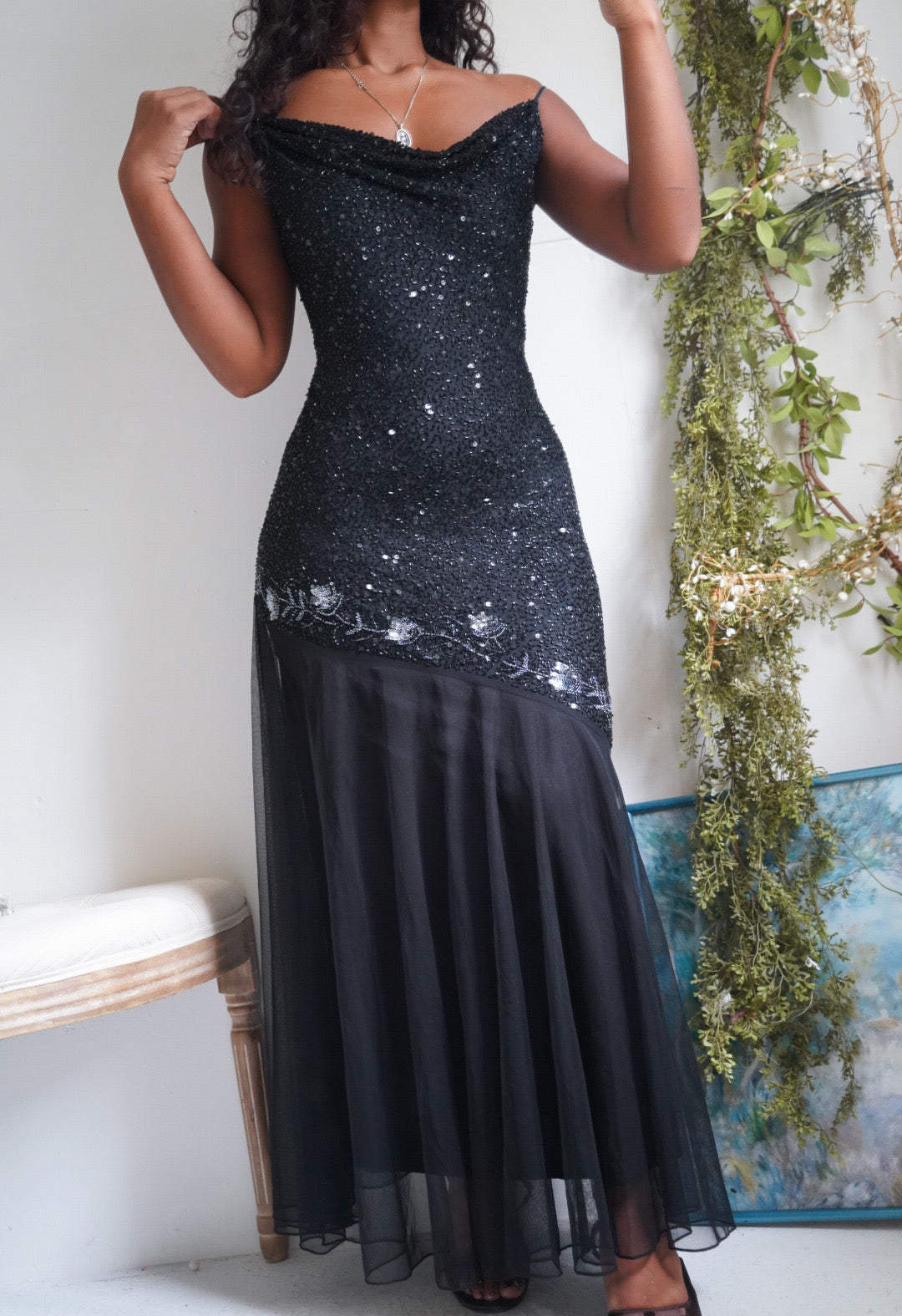 Y2K Black Beaded Tulle Hem Gown