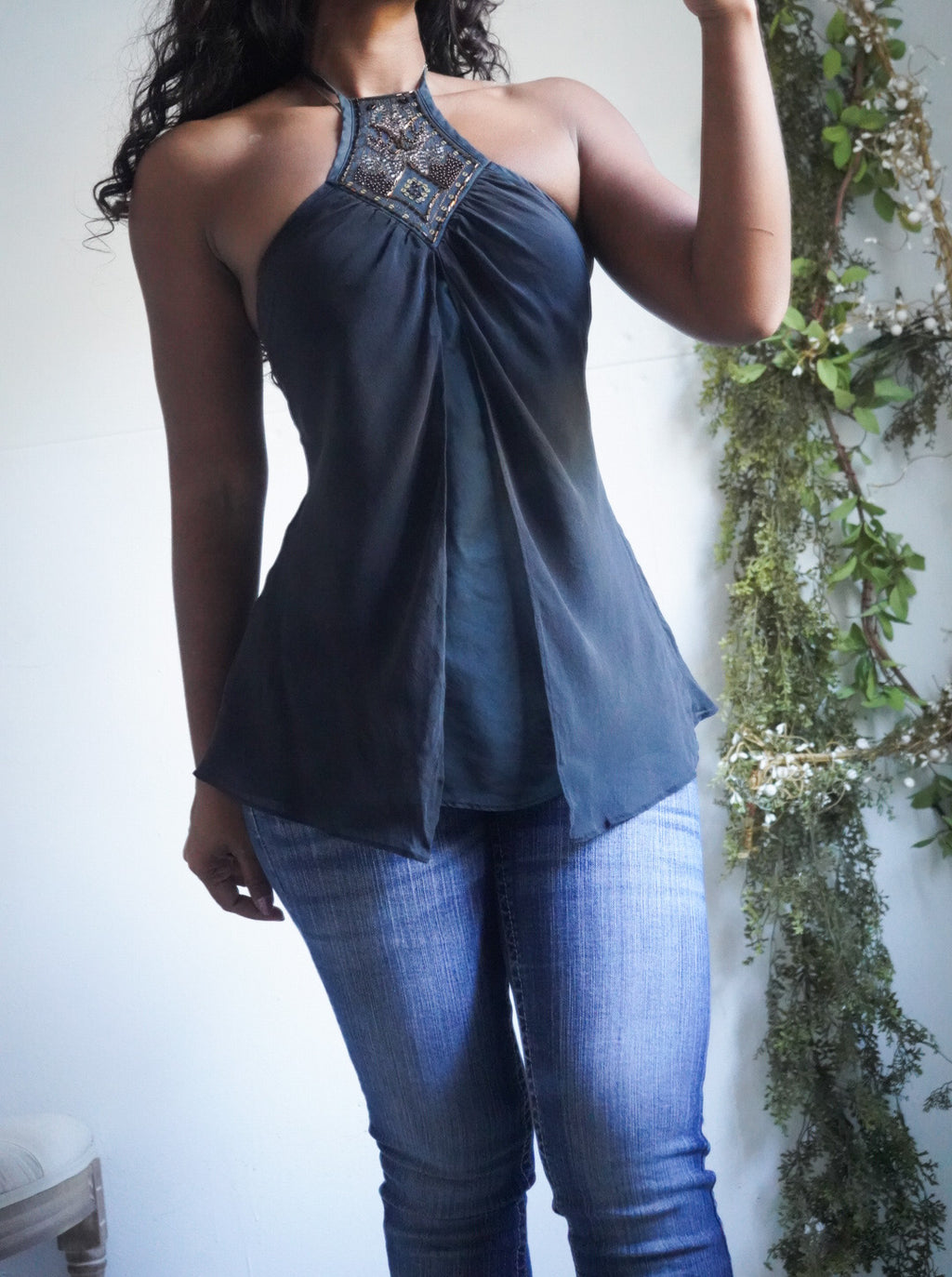 Y2K Black Washed Silk Boho Halter Top