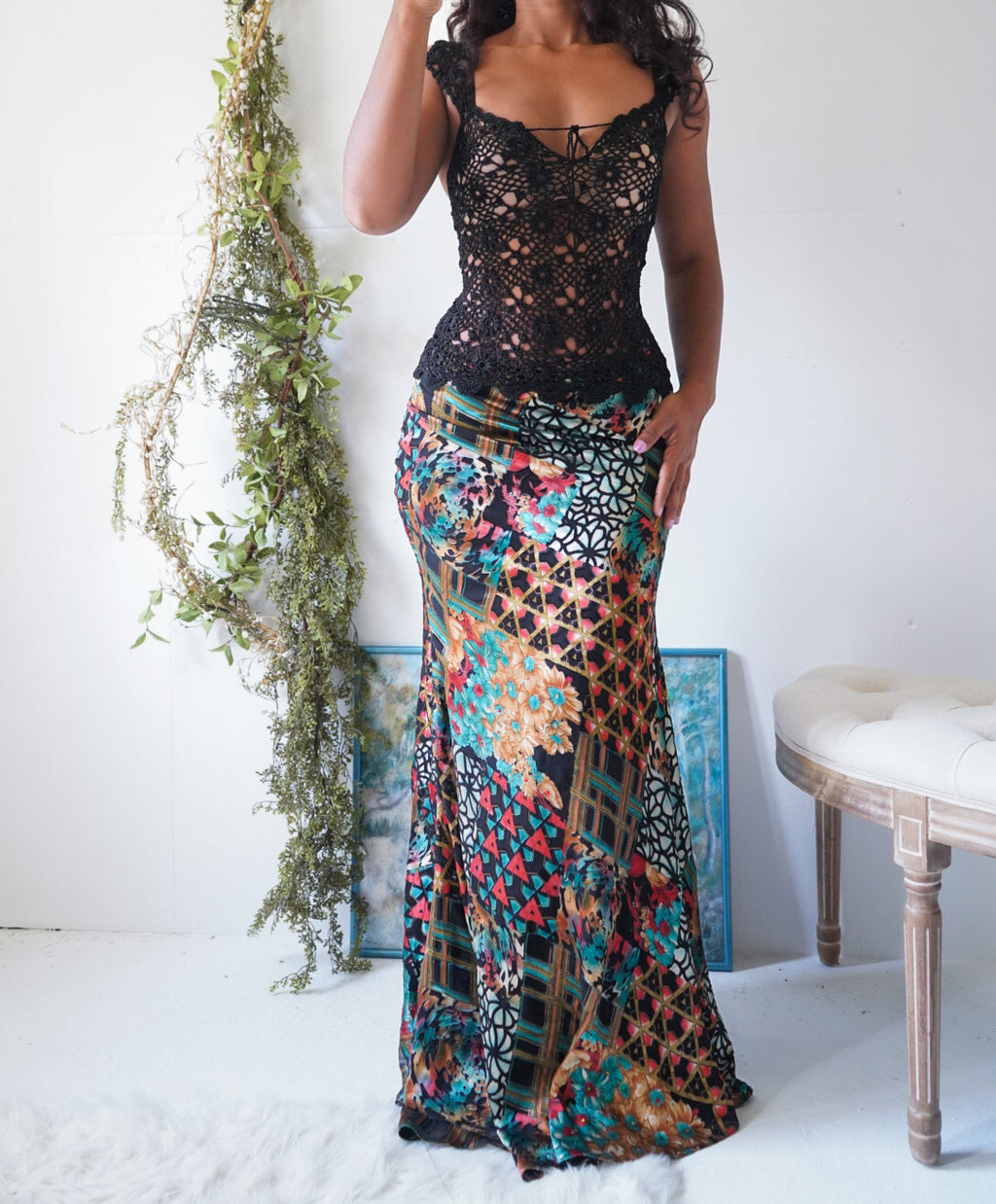 Y2K Colorful Boho Bead Detail Skirt