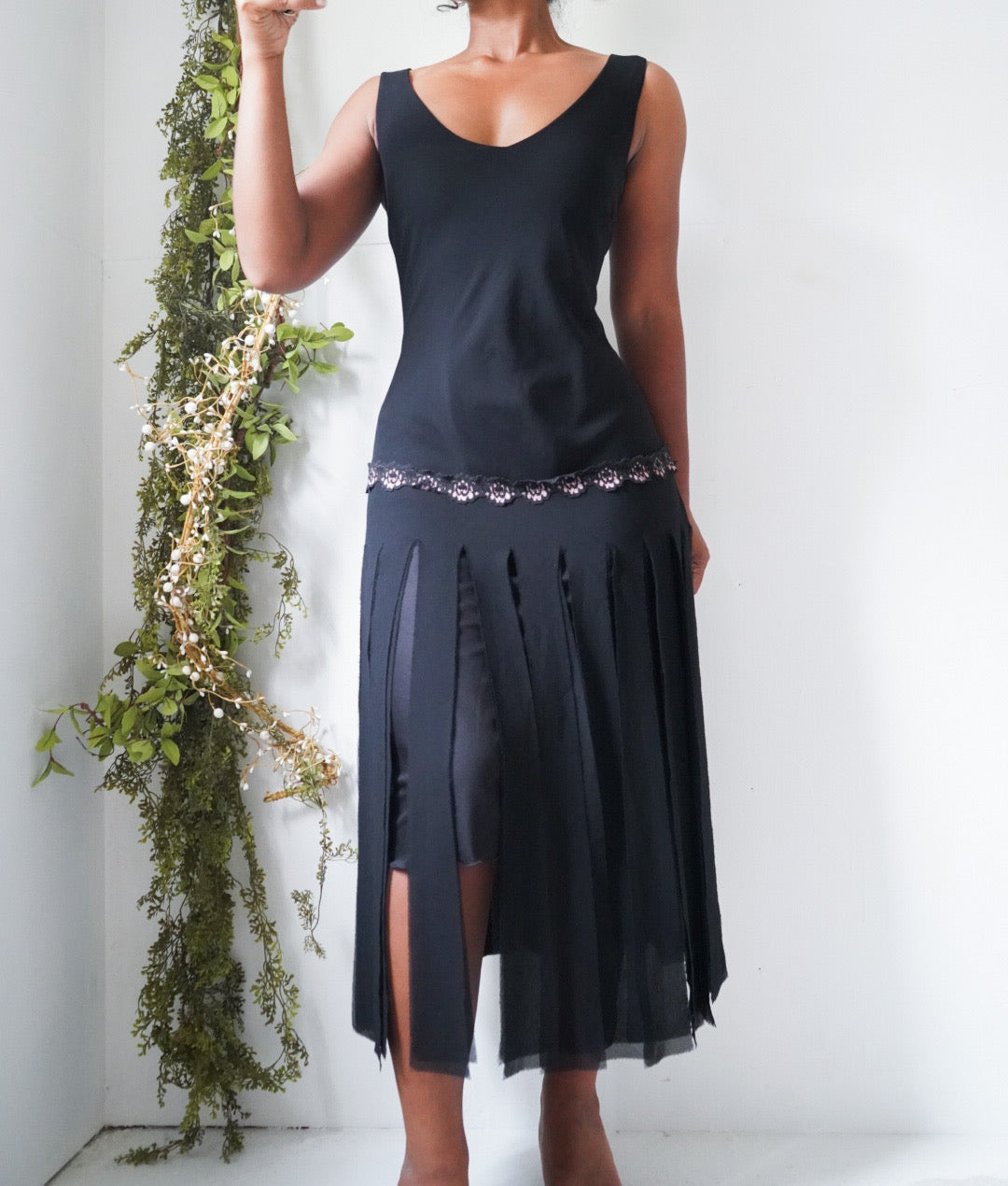 Vintage Y2K Black Fringe Hem Midi Dress