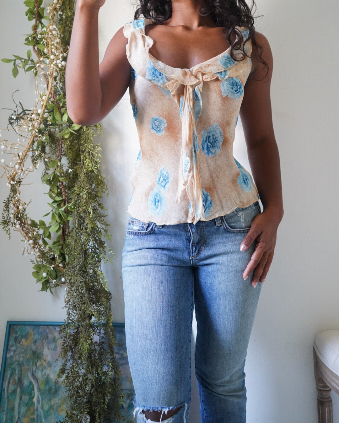 Y2K Romantic Tan and Blue Floral Top