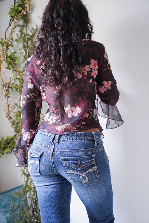 Y2K Ruffle Sleeve Black Floral Peasant Top
