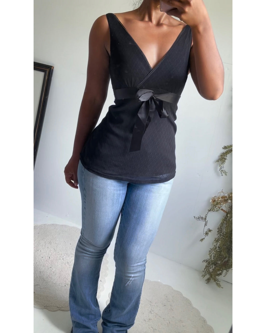 Vintage Y2K Black Bow Detail Mesh Top