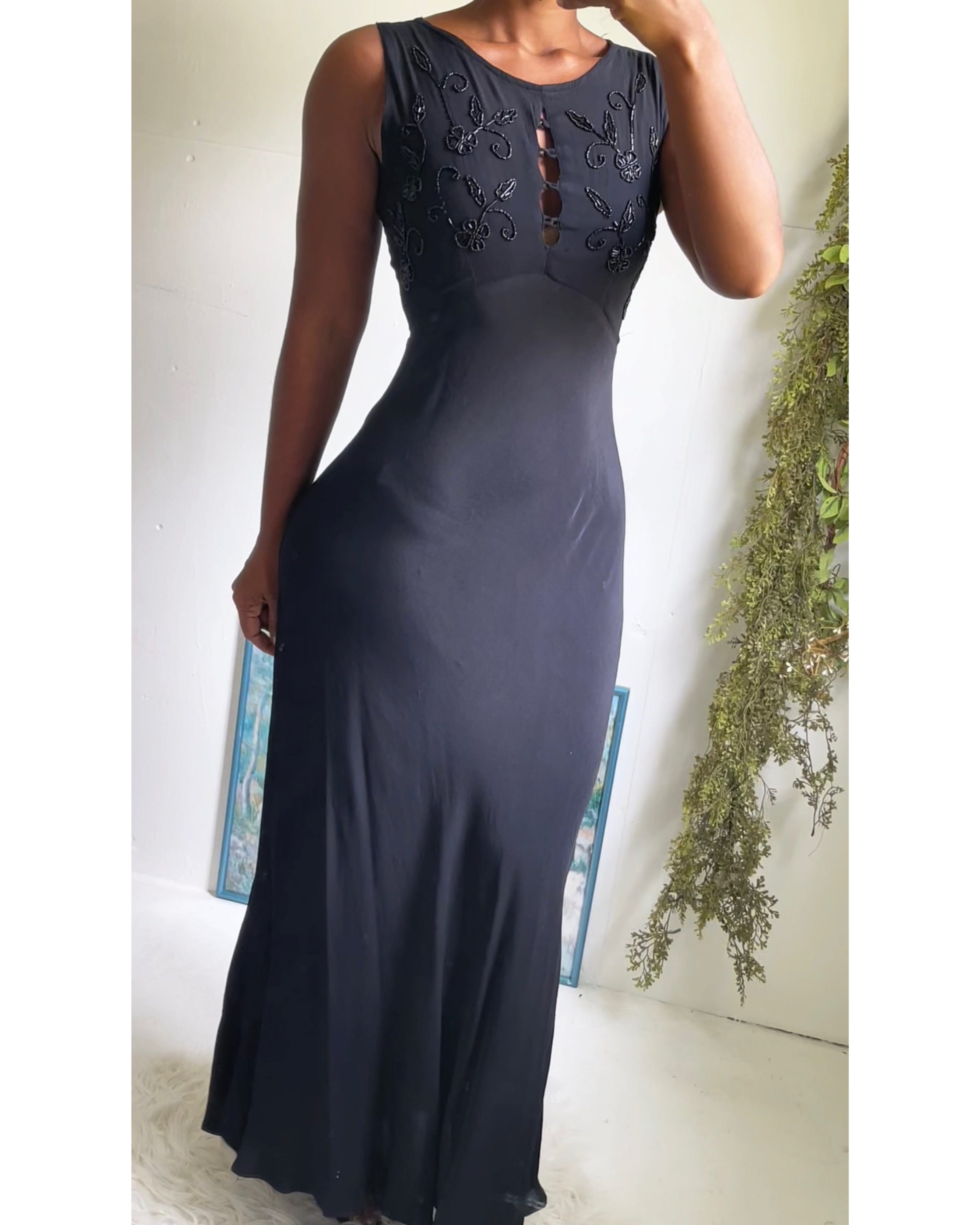 Y2K Beaded Bust Black Maxi Dress