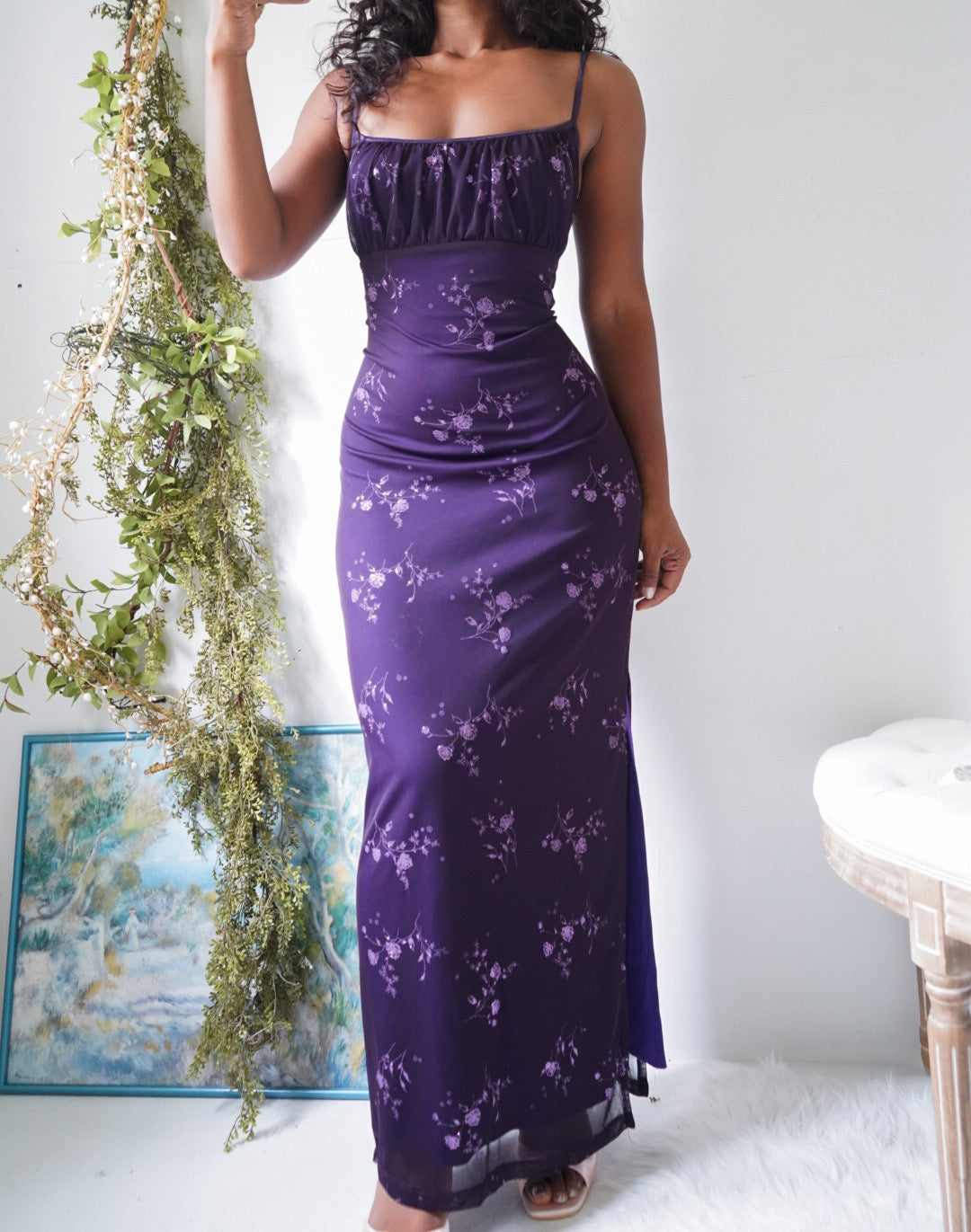Y2K Purple Glitter Floral Milkmaid Gown