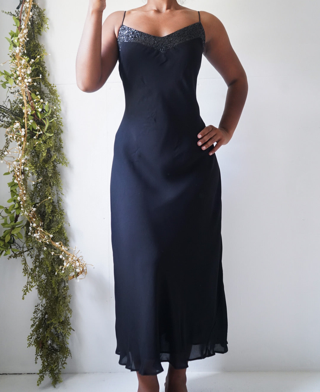 Vintage 90’s Staple Silk Sequin Neckline Midi Dress