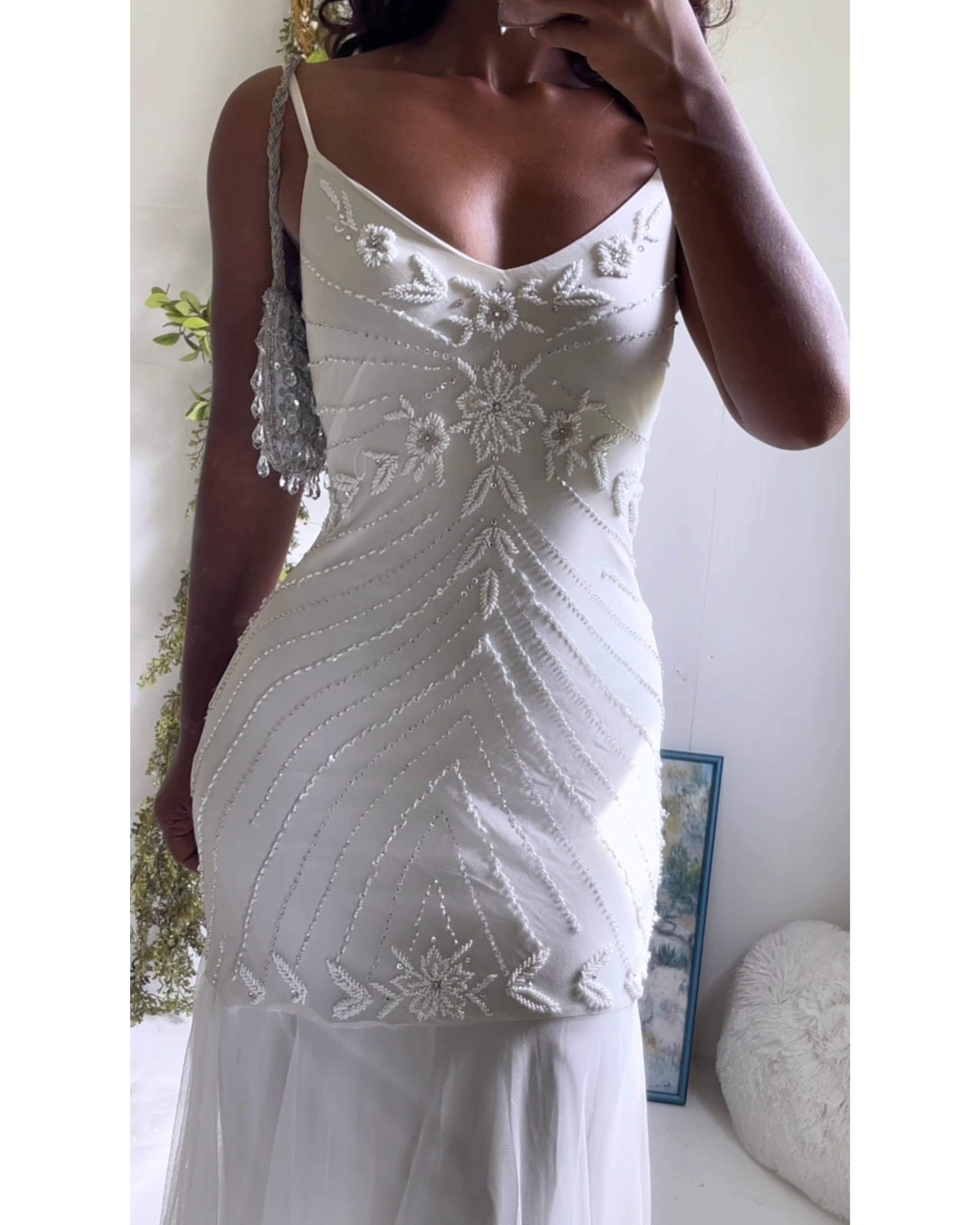 Vintage Y2K Beaded Ivory Silk Gown