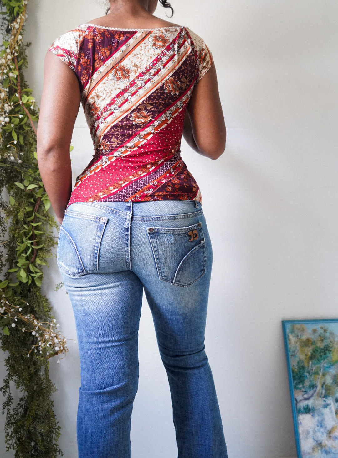 Y2K Paisley Boho Cinch Neckline Top