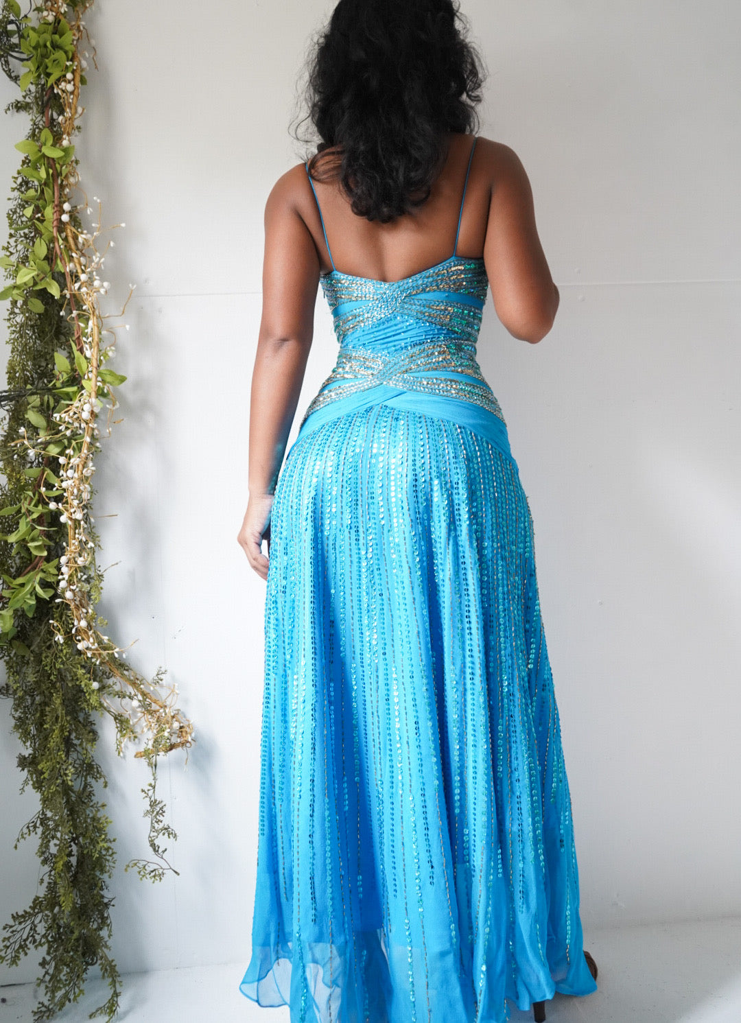Blue Beaded Silk Jasmine Gown