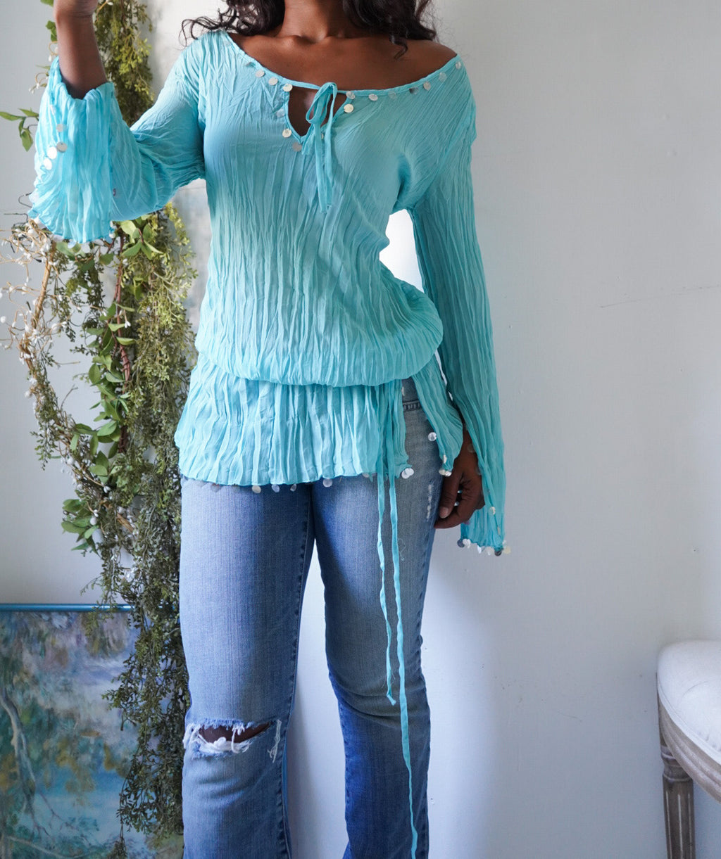 Y2K Turquoise Off The Shoulder Sequin Trim Top