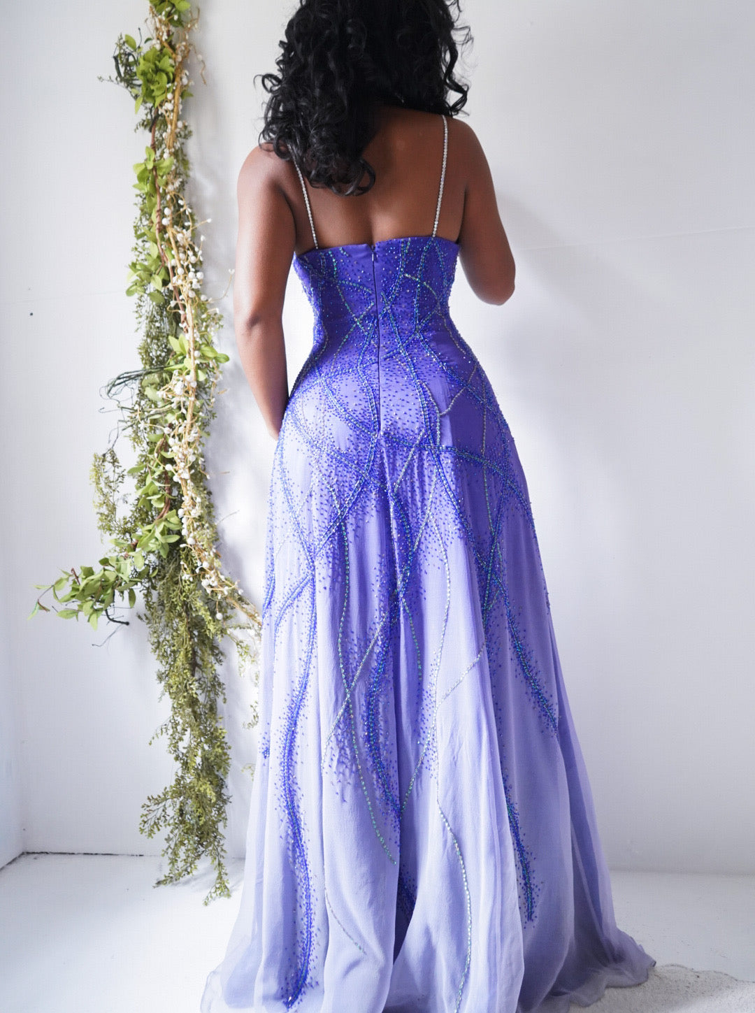 Purple and White Ombre Beaded Vintage Silk Gown