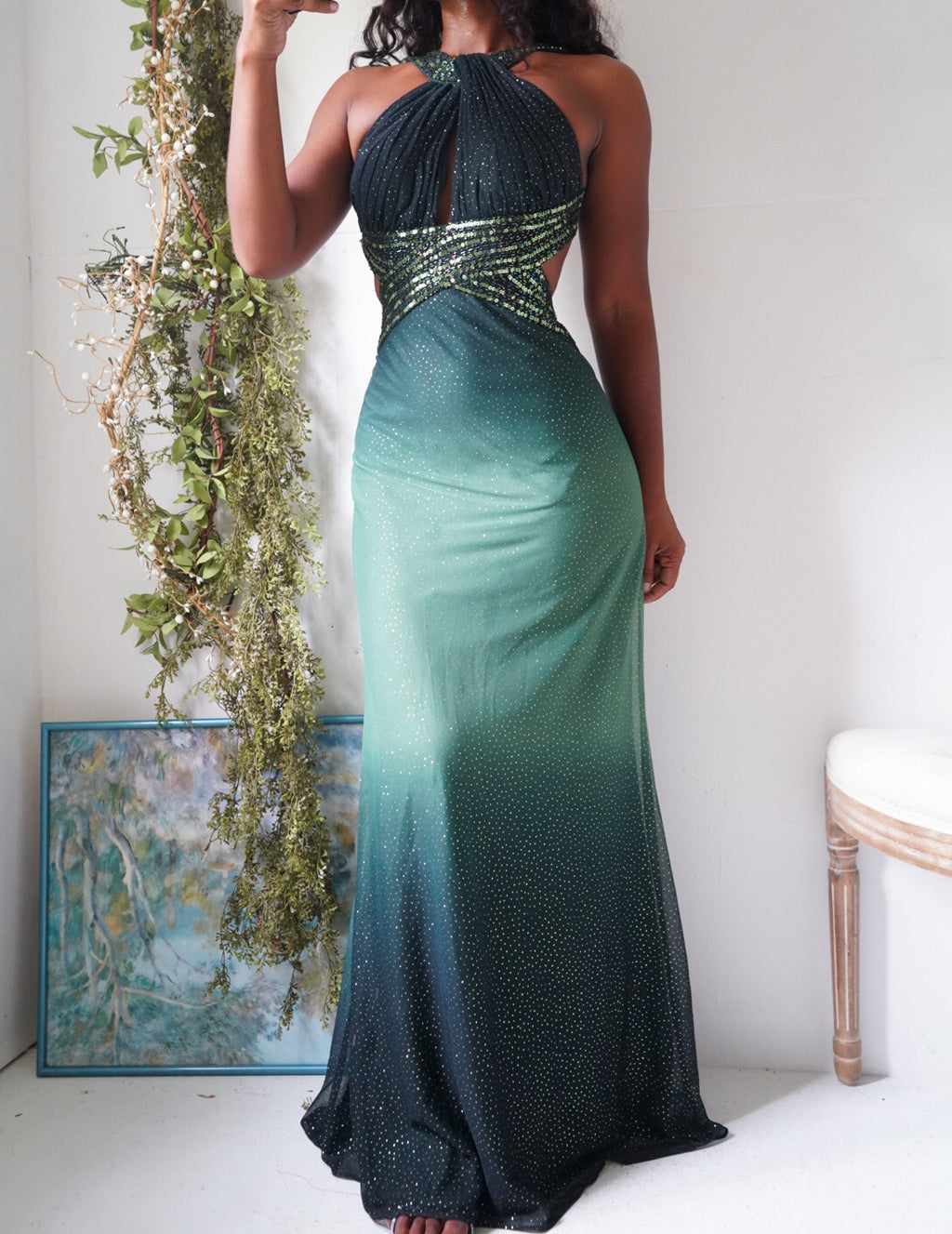 Y2K Green Gradient Glitter Halter Gown