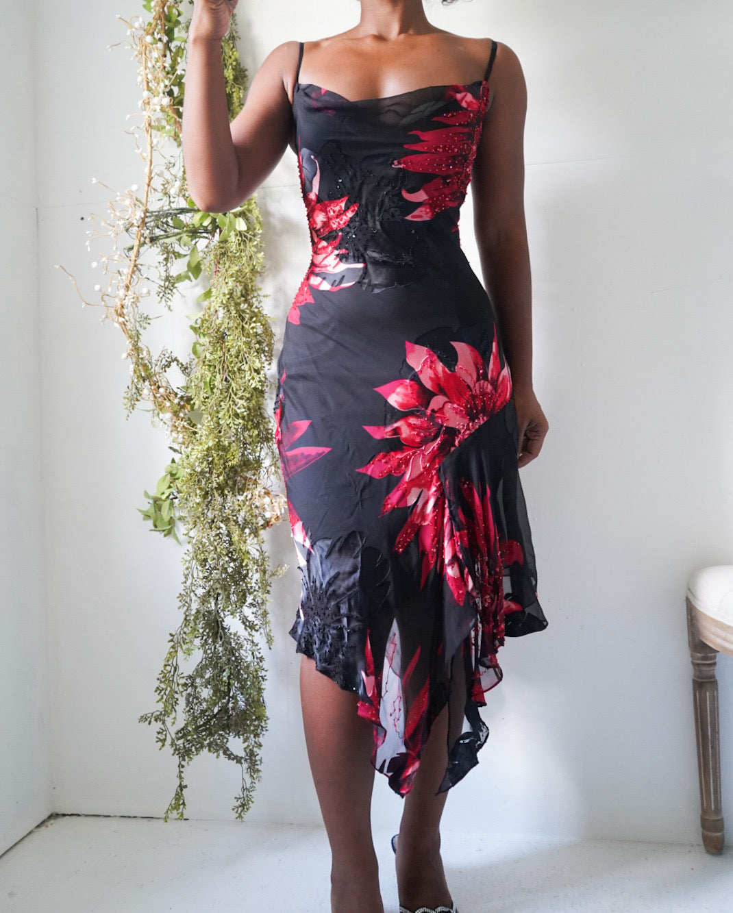 Rare Y2K Red & Black Floral Devore Silk Dress