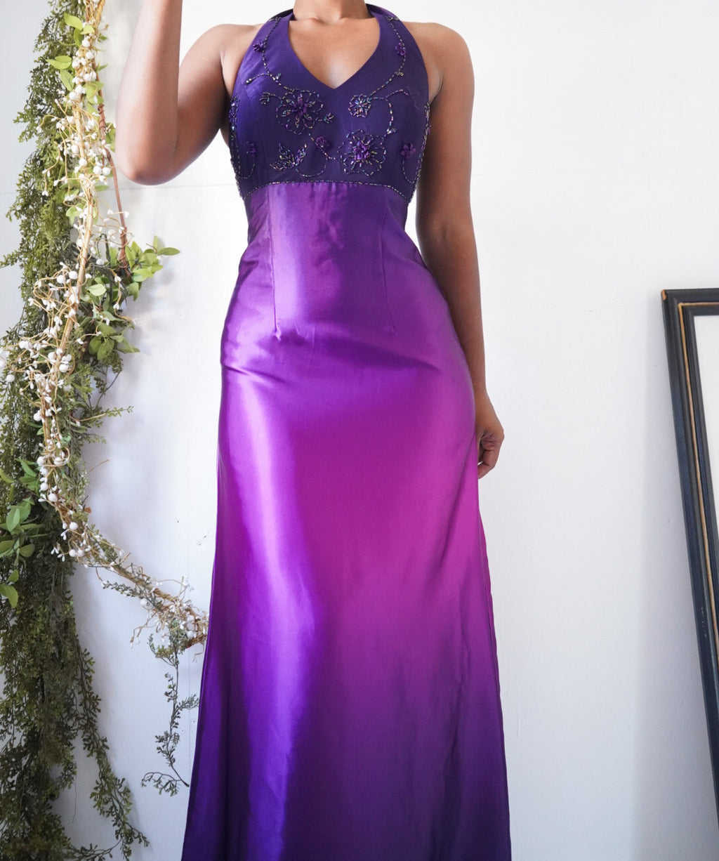 Y2K Ombre Purple Beaded Neckline Gown