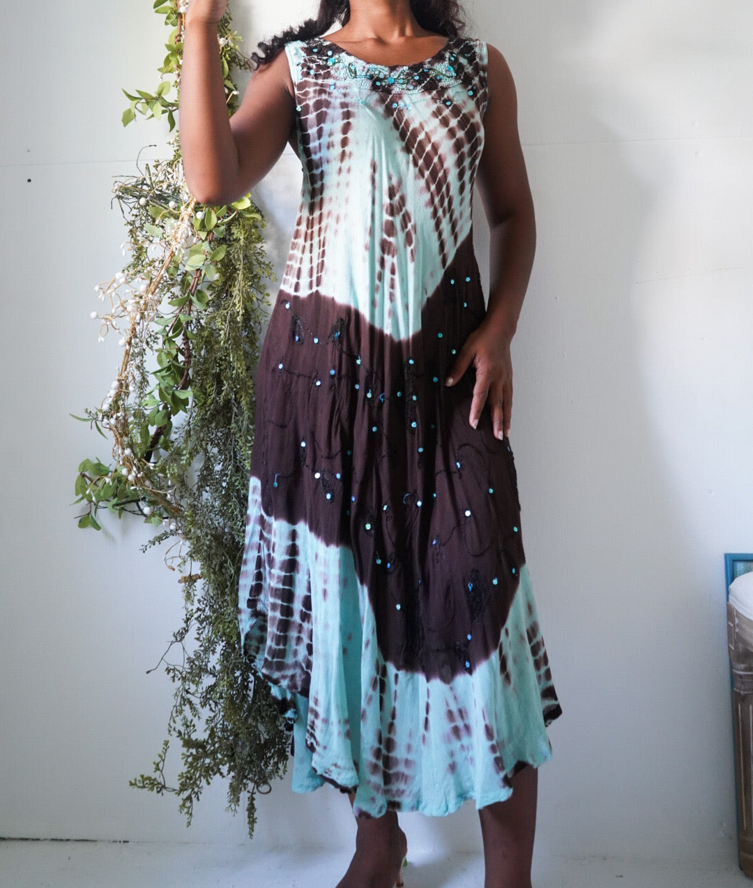 Vintage Turquoise and Brown Boho Summer Dress